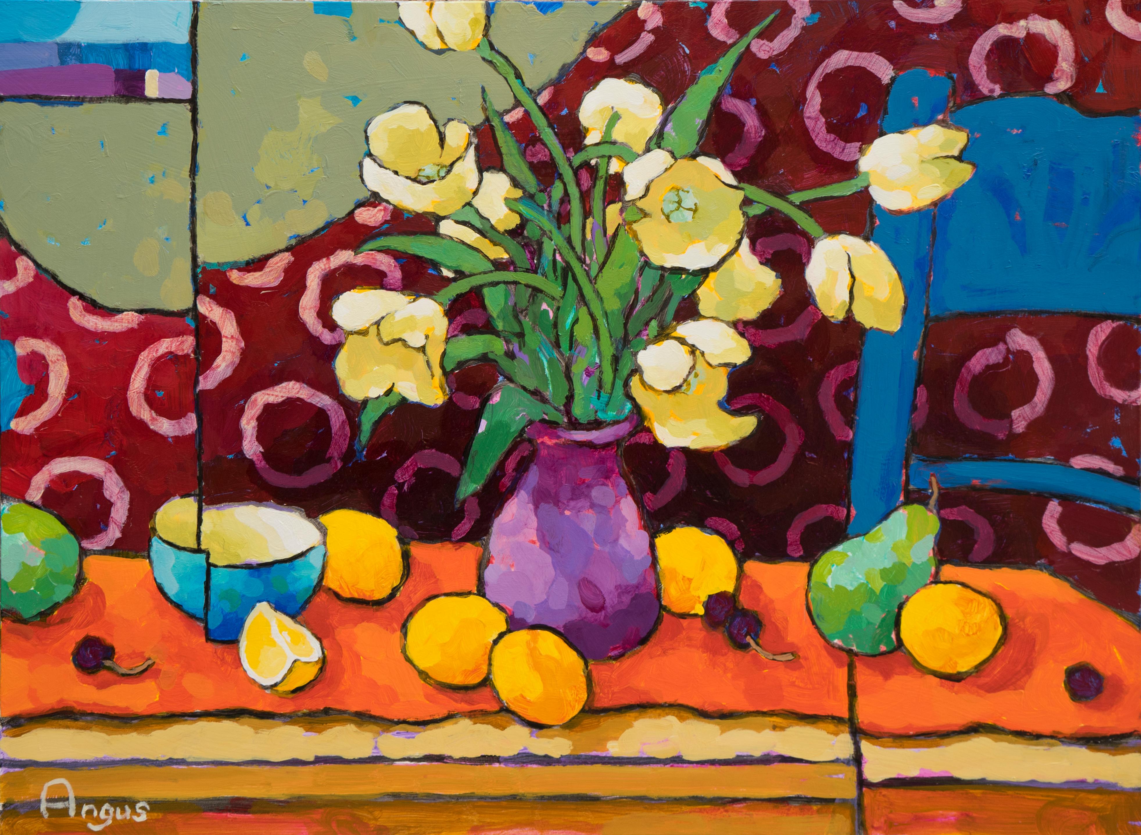 Tulips over Red & Orange with Blue Chair (still life, fruit, yellow tulips) - Painting by Angus Wilson