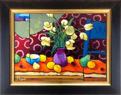 Tulips over Red & Orange with Blue Chair (still life, fruit, yellow tulips)