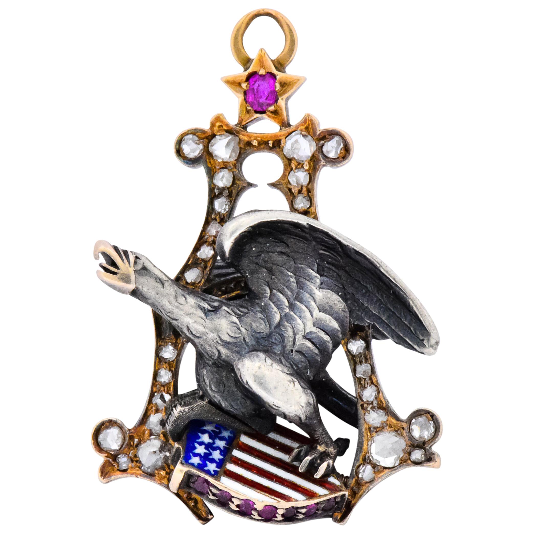 Anheuser Busch Diamond Ruby Enamel Silver 14 Karat Gold Eagle Pendant Circa 1919