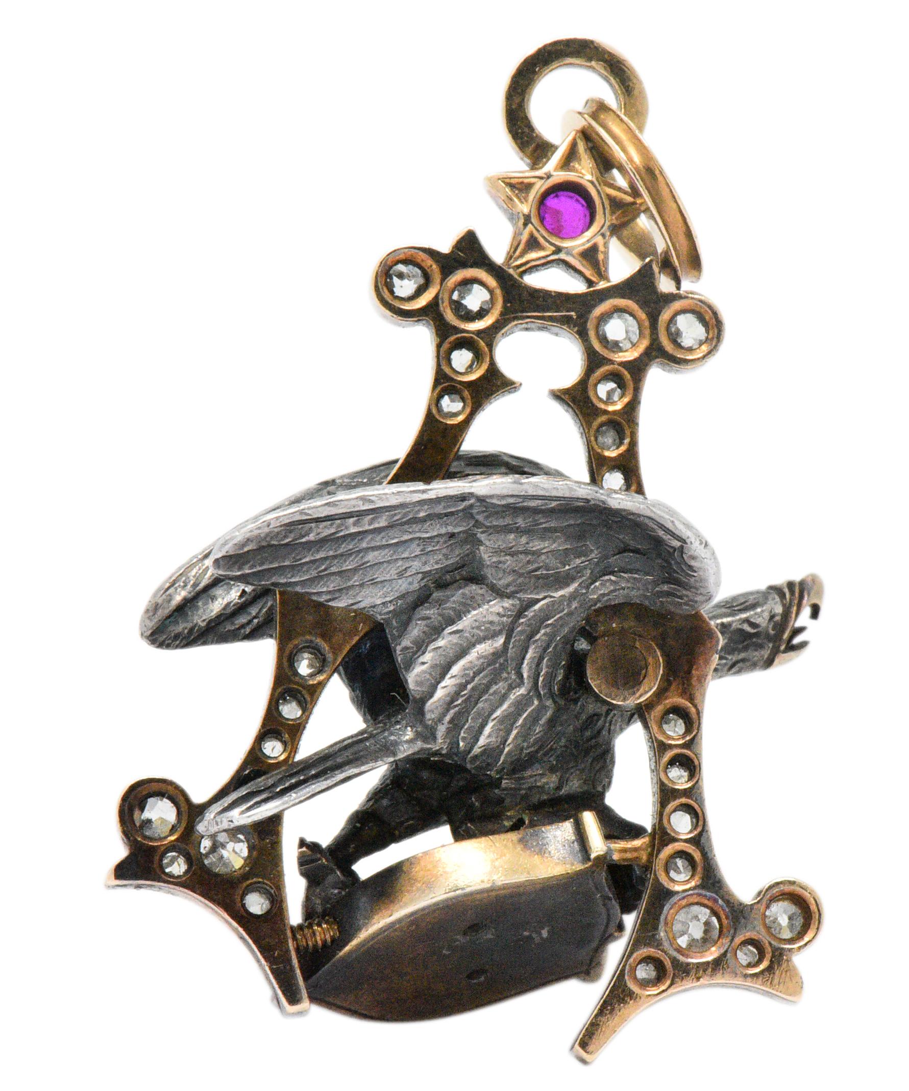 Art Deco Anheuser Busch 1919 Diamond Ruby Enamel Sterling 14 Karat Gold Eagle Pendant