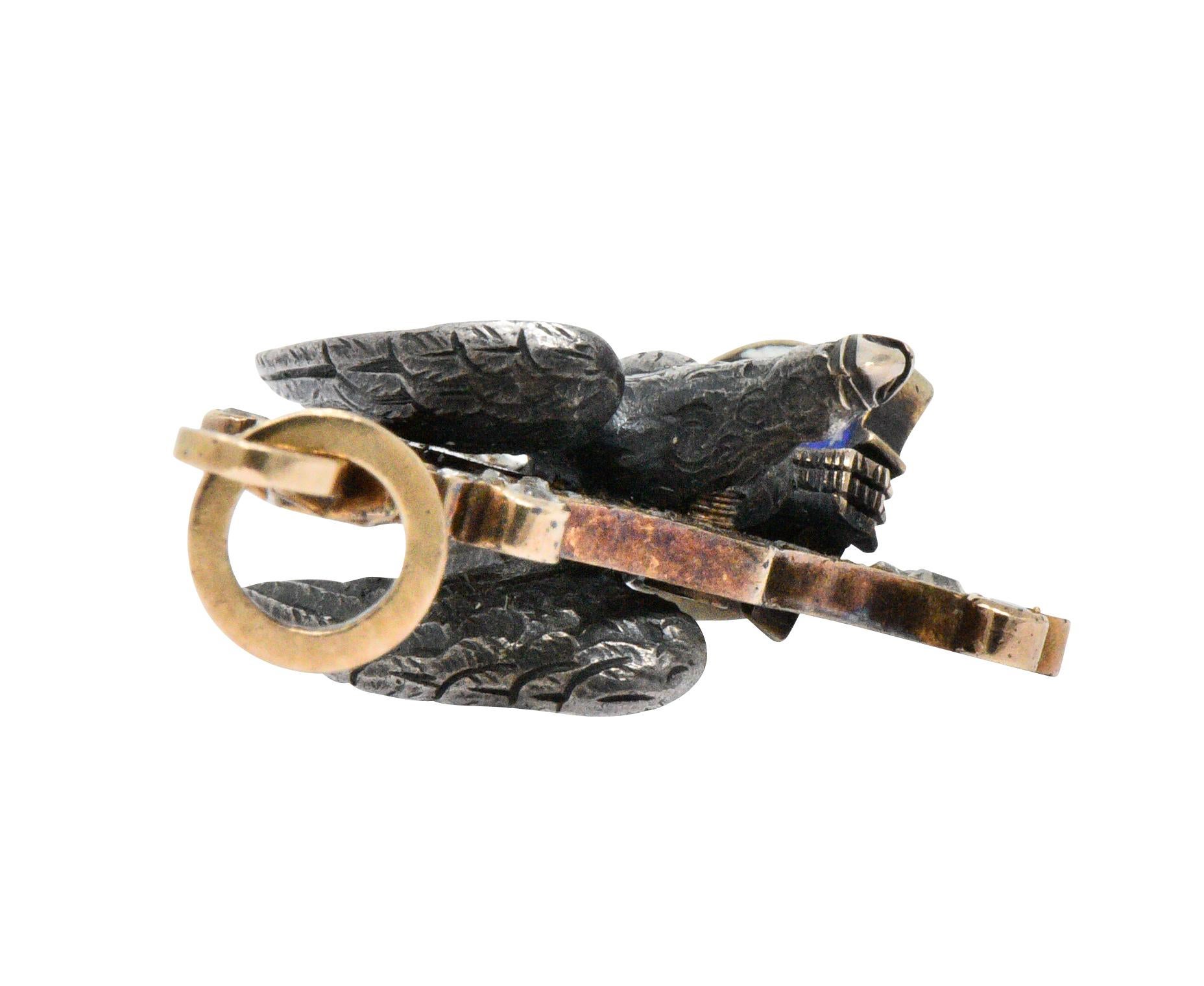 Anheuser Busch 1919 Diamond Ruby Enamel Sterling 14 Karat Gold Eagle Pendant In Excellent Condition In Philadelphia, PA