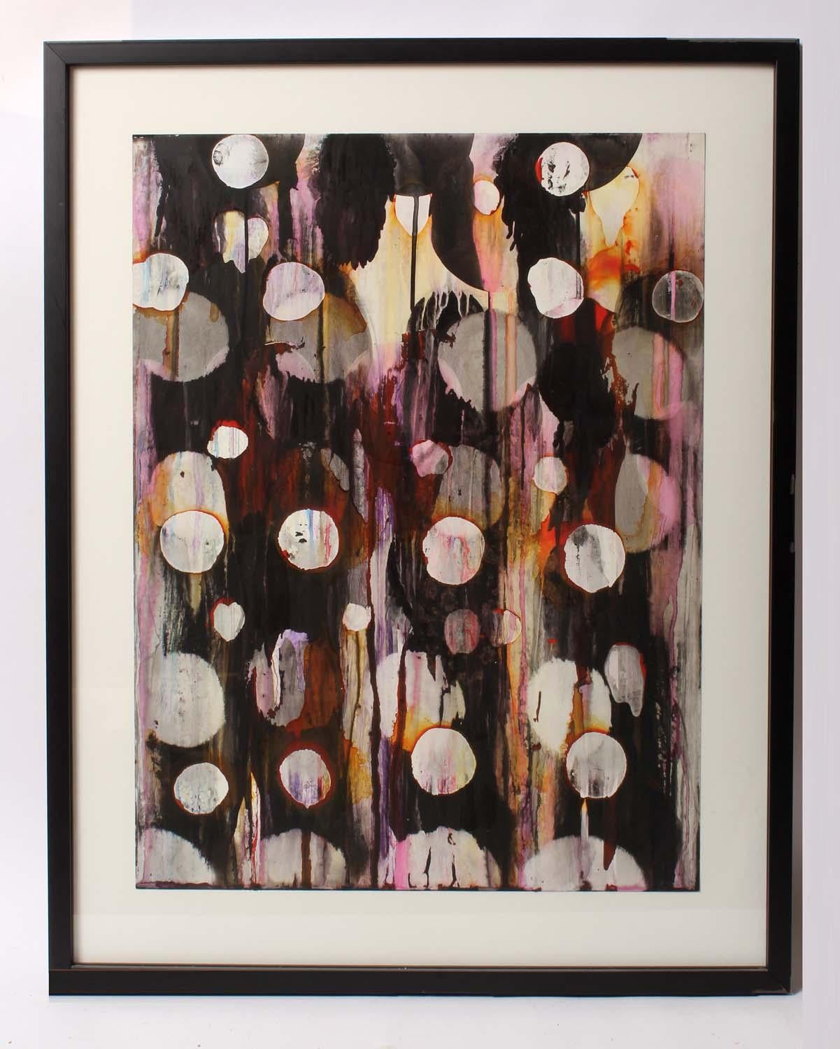 A mixed media on paper by American female contemporary artist Ani Hoover.  This beautiful mixed media painting featured the artist signature circular focus with layers and layers of acrylic and spray in Red, Pink, Orange, Yellow and Black.

This