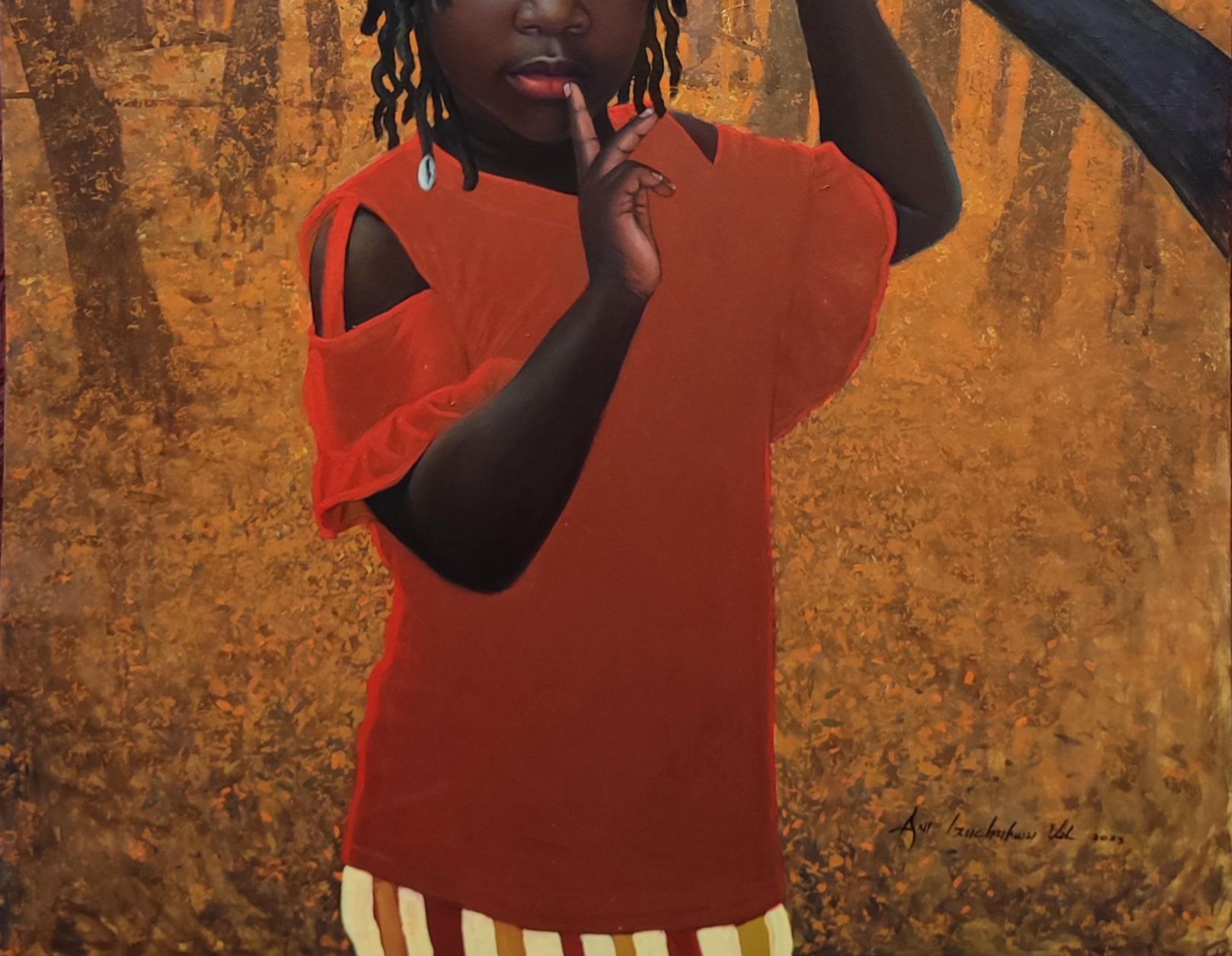 Ruta escénica -Siglo XXI, Contemporáneo, Retrato figurativo, Niña Naturaleza - Portrait Painting Marrón de Ani Izuchukwu Valentine