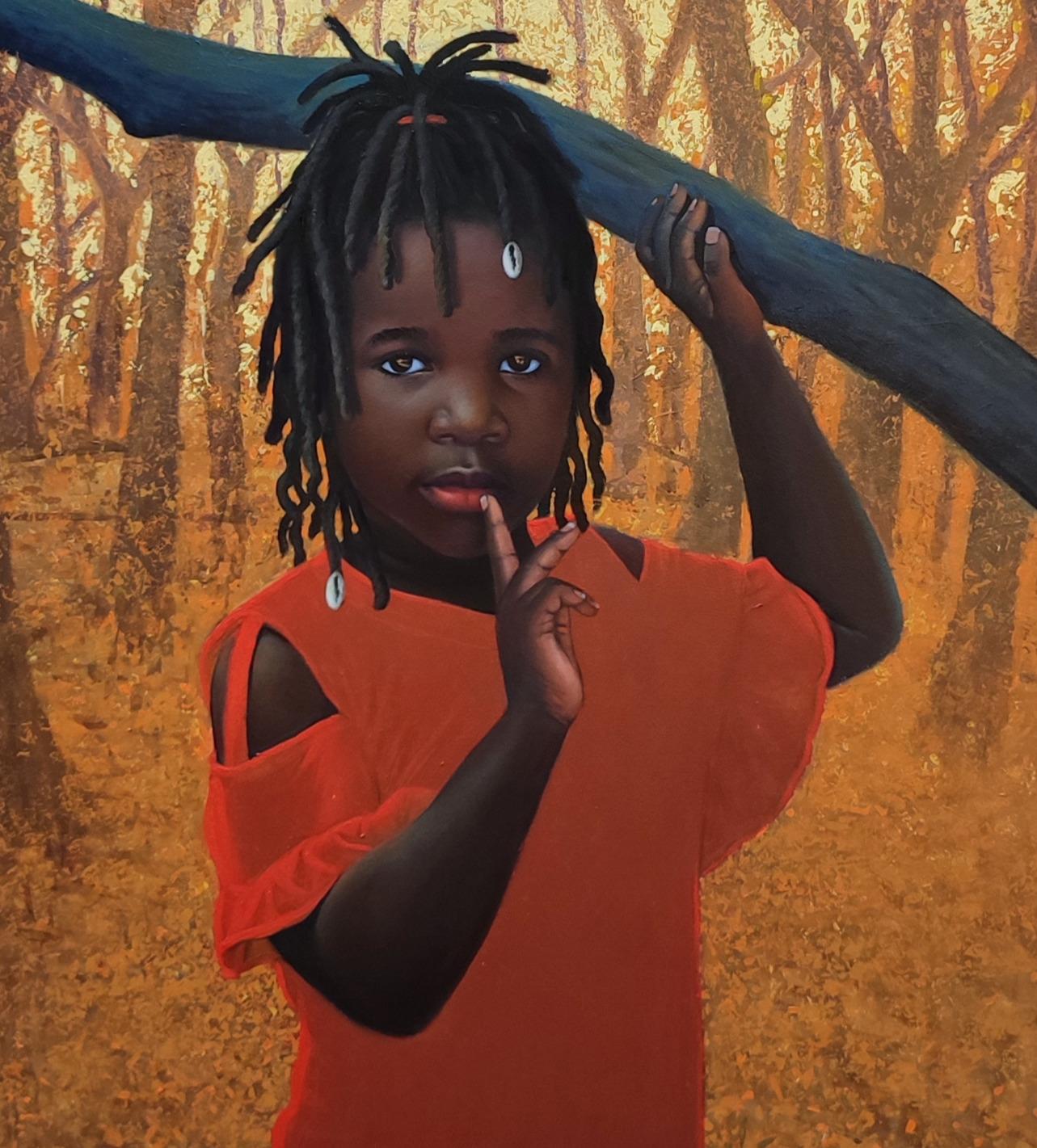 Una serena niña negra y encantadora con exuberantes rastas encuentra apoyo en un árbol en medio de un vibrante bosque dominado por el ocre.

Esta cautivadora obra de arte celebra la belleza natural de África, su identidad cultural y el consuelo que