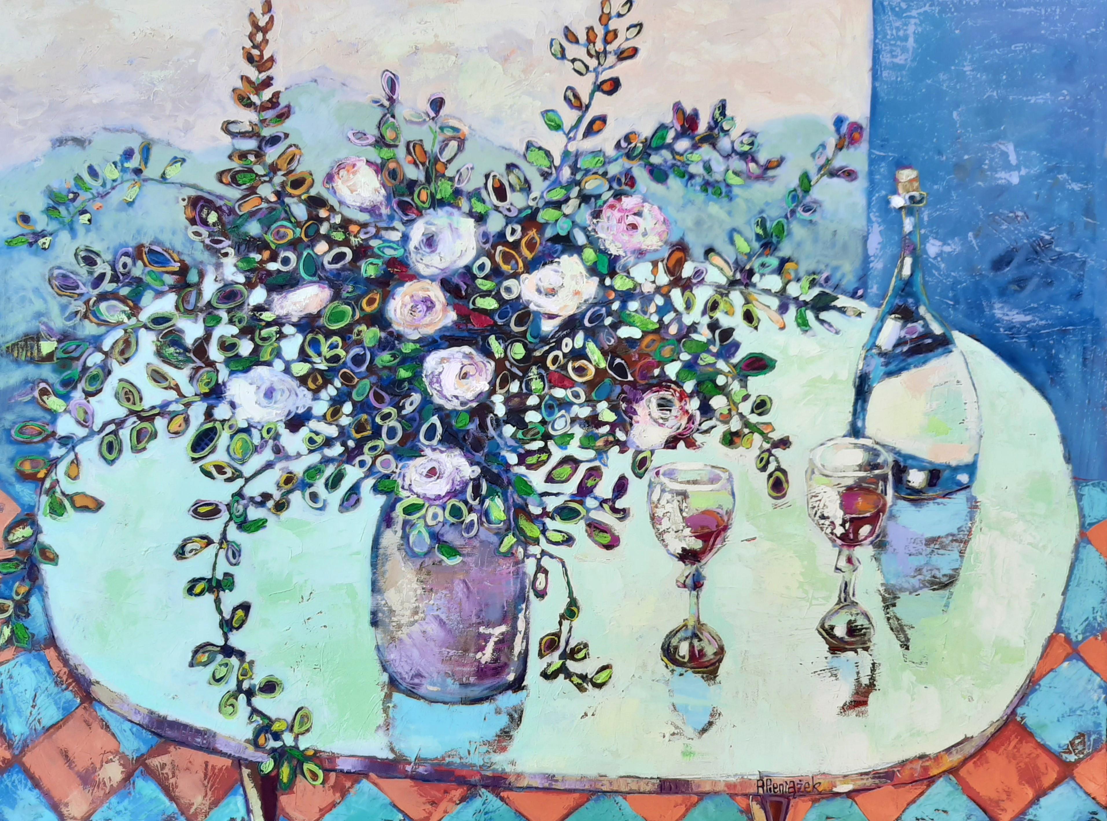 Anniversary Celebration -contemporary still-life colourful table oil painting - Painting by Ania Pieniazek
