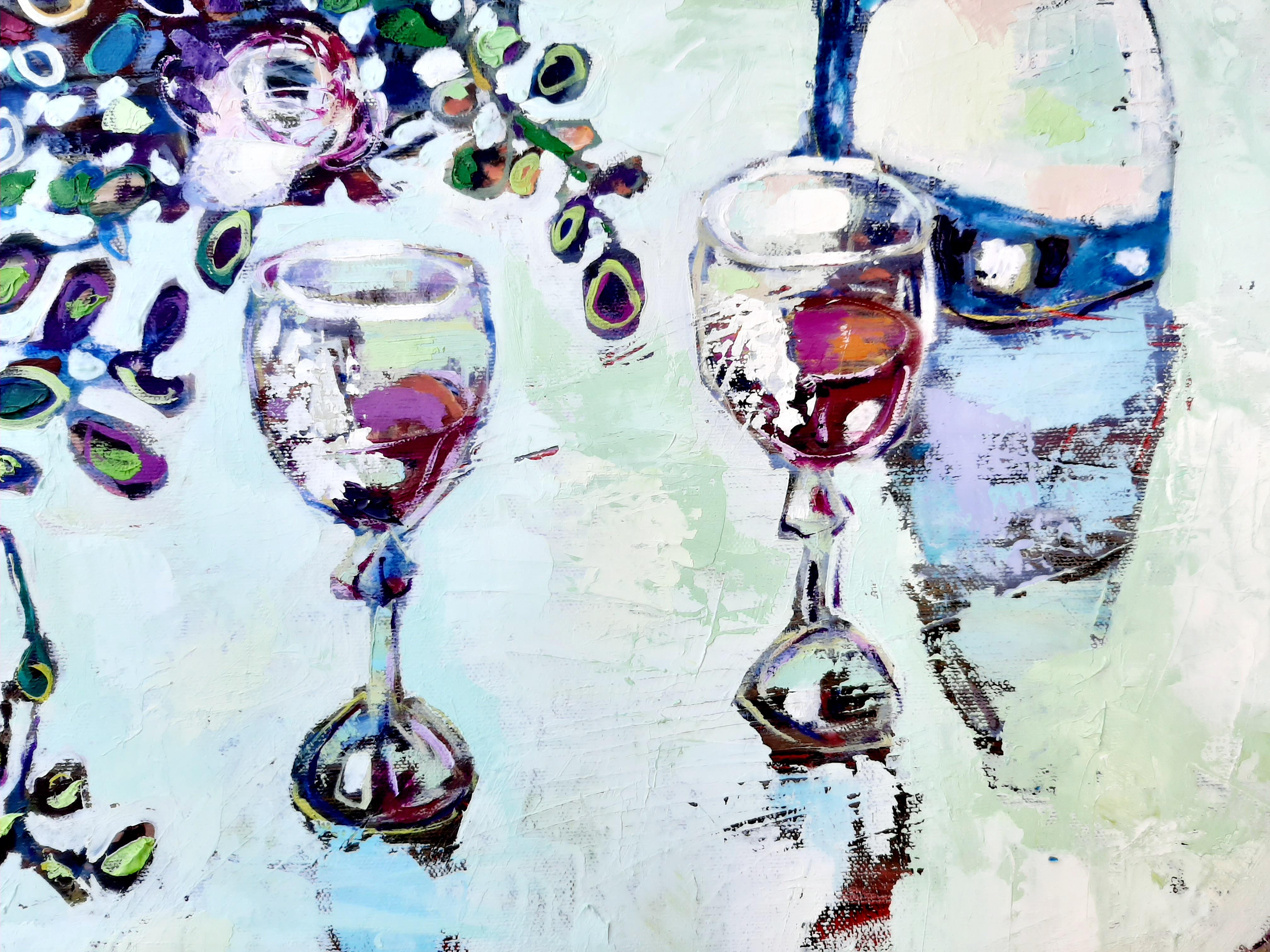 Anniversary Celebration -contemporary still-life colourful table oil painting - Contemporary Painting by Ania Pieniazek