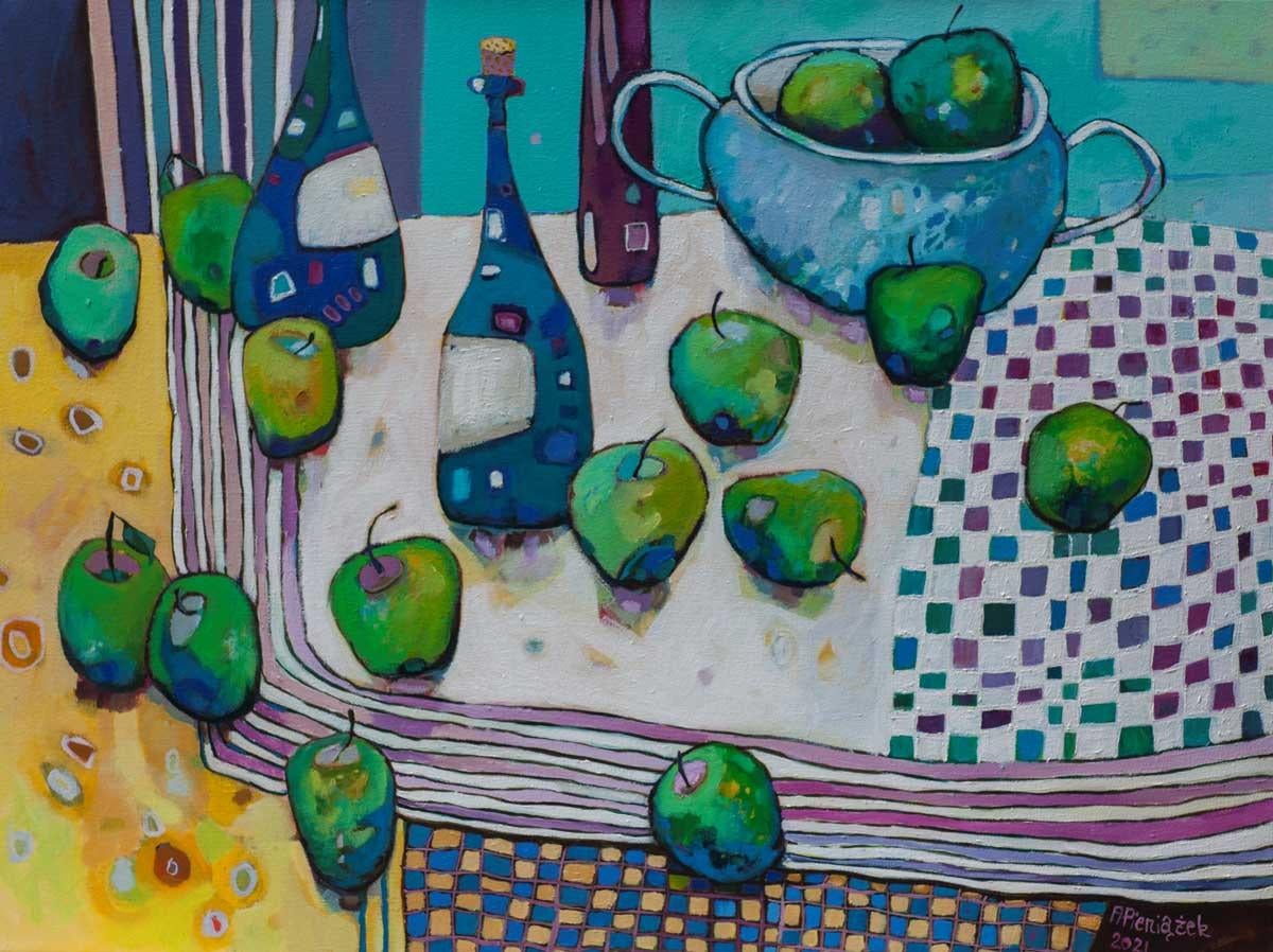 Ania Pieniazek Interior Painting - Apple Cider - Oil on Canvas / Colourful Still Life of Fruit, Bottles & Patterns