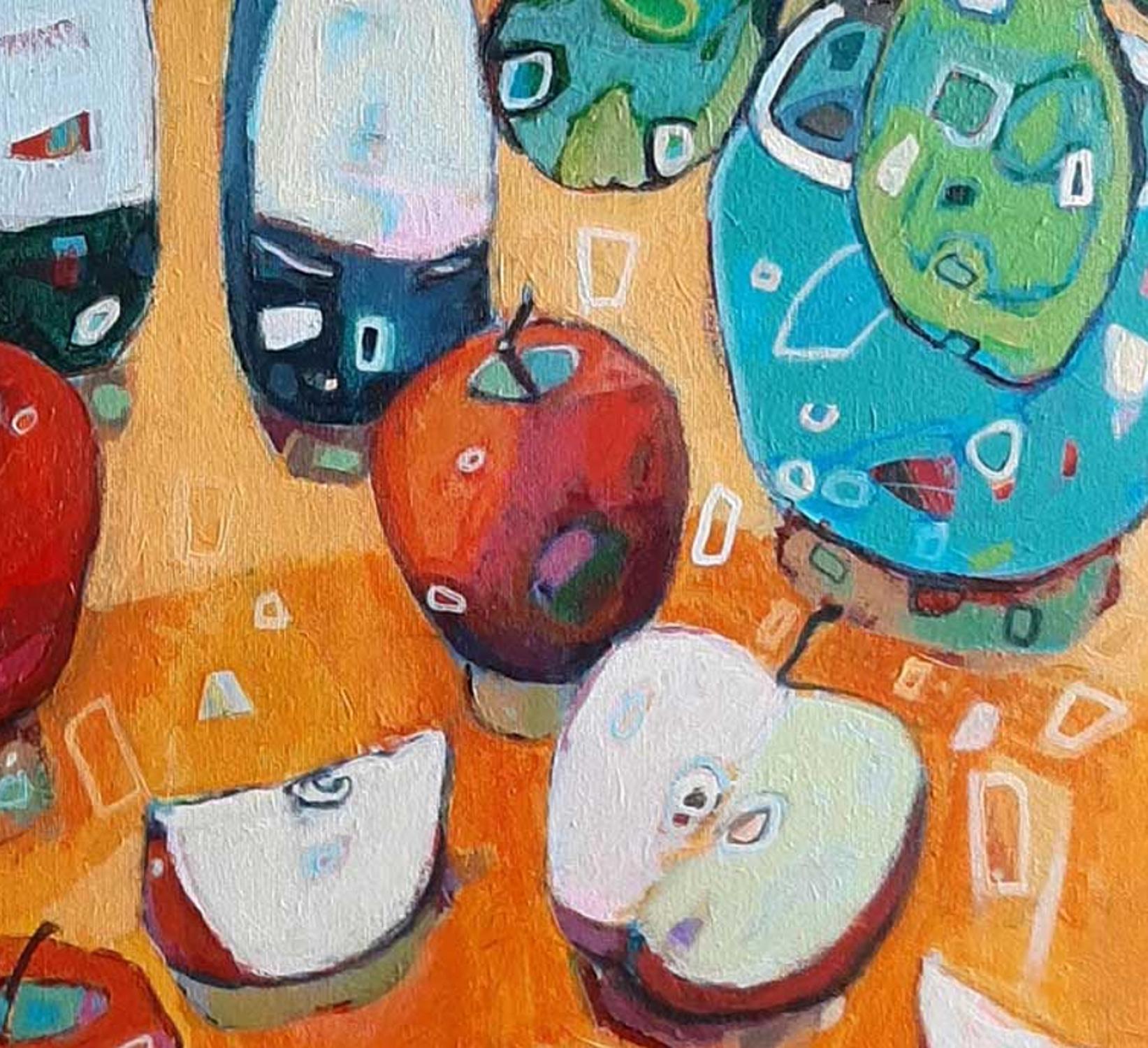 Apples on an Orange Table - Colourful Everyday Still Life: Acrylic on Canvas - Painting by Ania Pieniazek