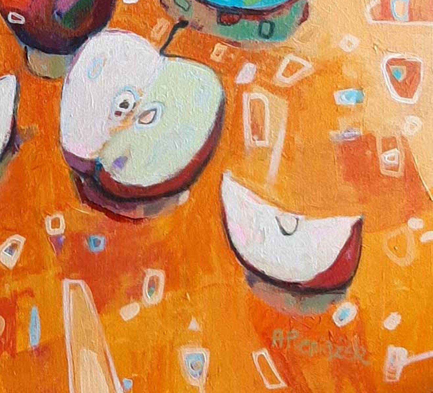 Apples on an Orange Table - Colourful Everyday Still Life: Acrylic on Canvas - Contemporary Painting by Ania Pieniazek