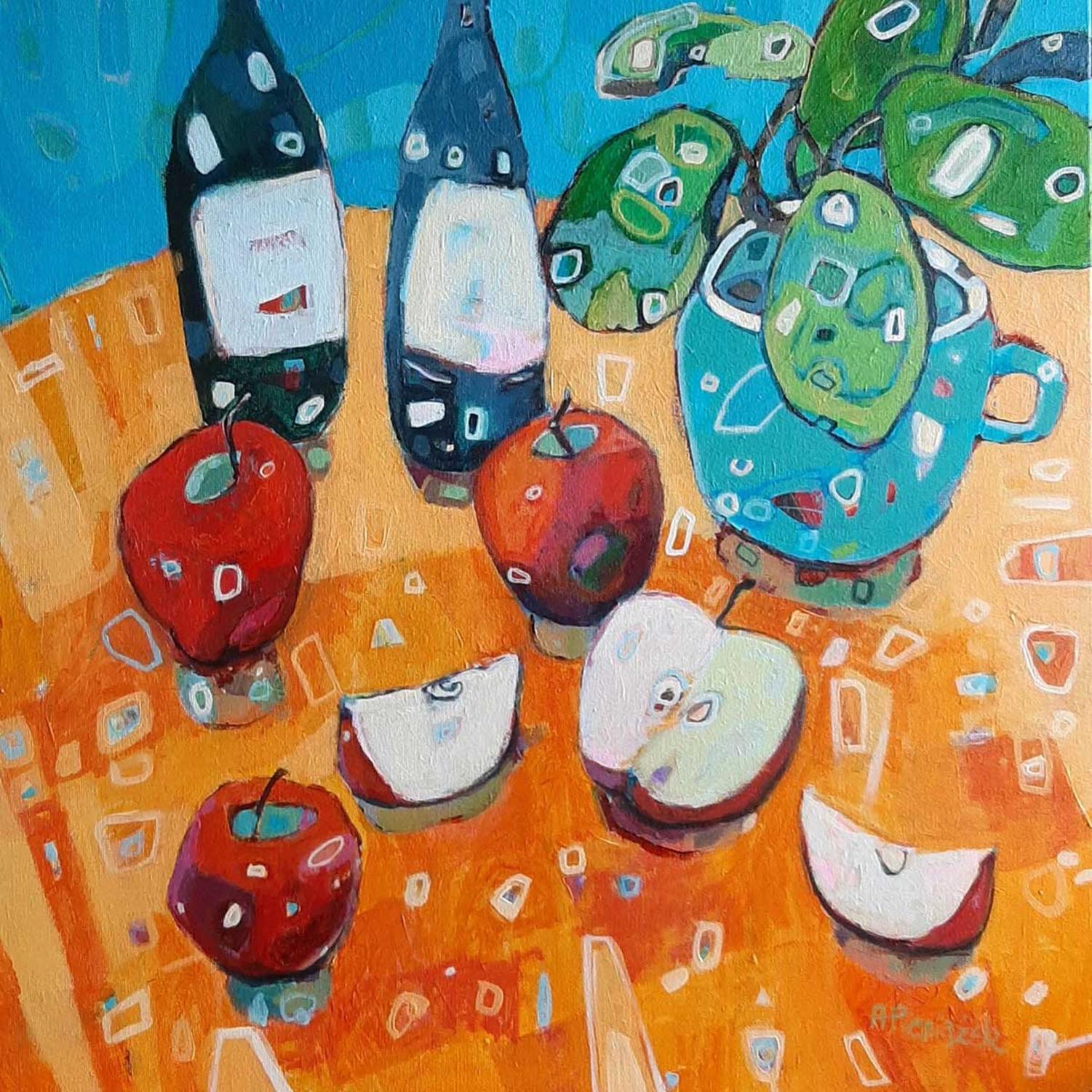 Ania Pieniazek Interior Painting - Apples on an Orange Table - Colourful Everyday Still Life: Acrylic on Canvas