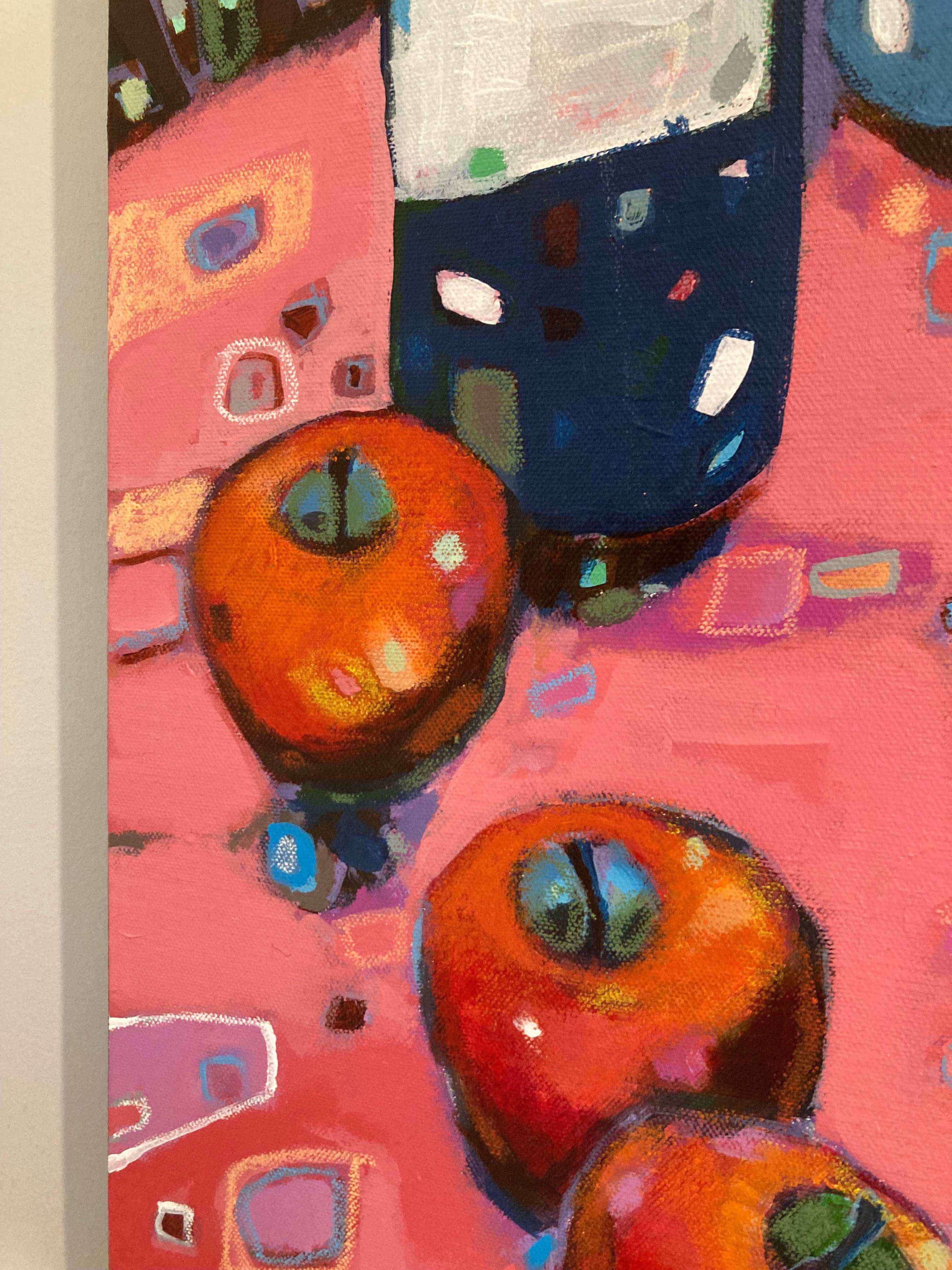 Table Apples on Pink - Patterns colorés / Nature morte : Acrylique sur toile - Contemporain Painting par Ania Pieniazek