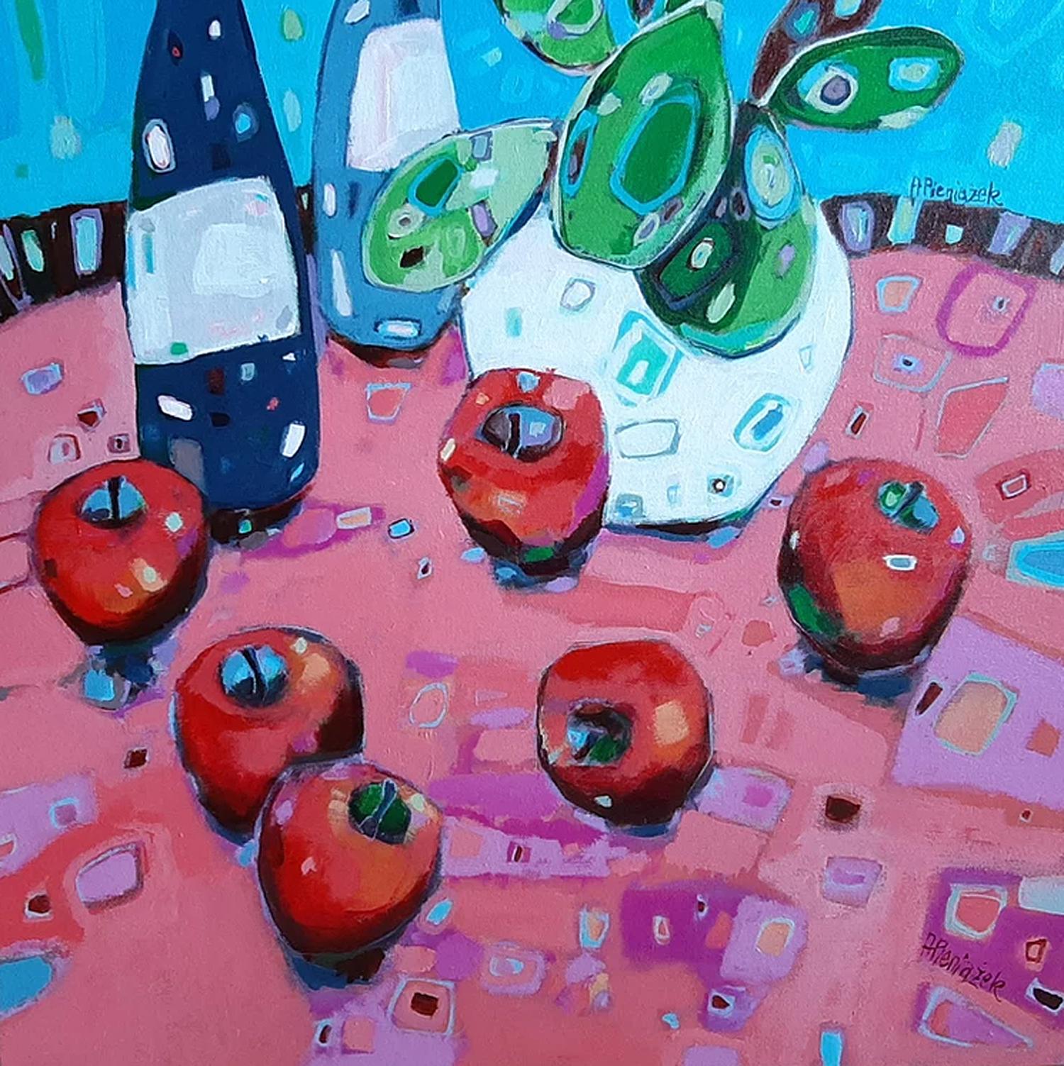 Ania Pieniazek Interior Painting - Apples on Pink Table - Colourful Patterns / Still Life: Acrylic on Canvas