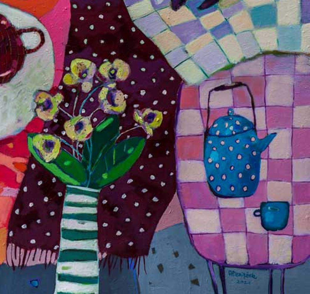 Celebration - Colourful, Patterned Still Life with Cat: Oil on Canvas  - Painting by Ania Pieniazek