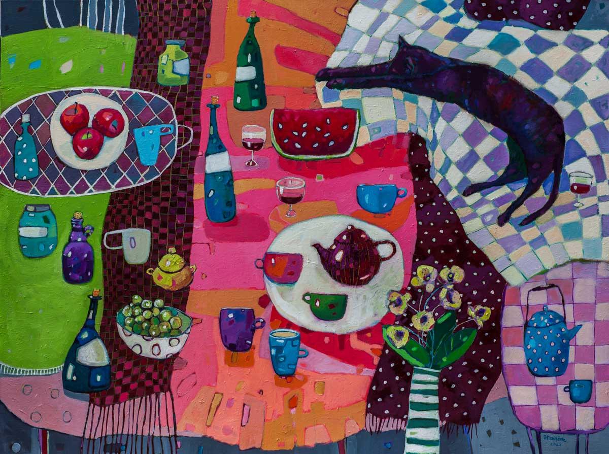 Celebration - Colourful, Patterned Still Life with Cat: Oil on Canvas 