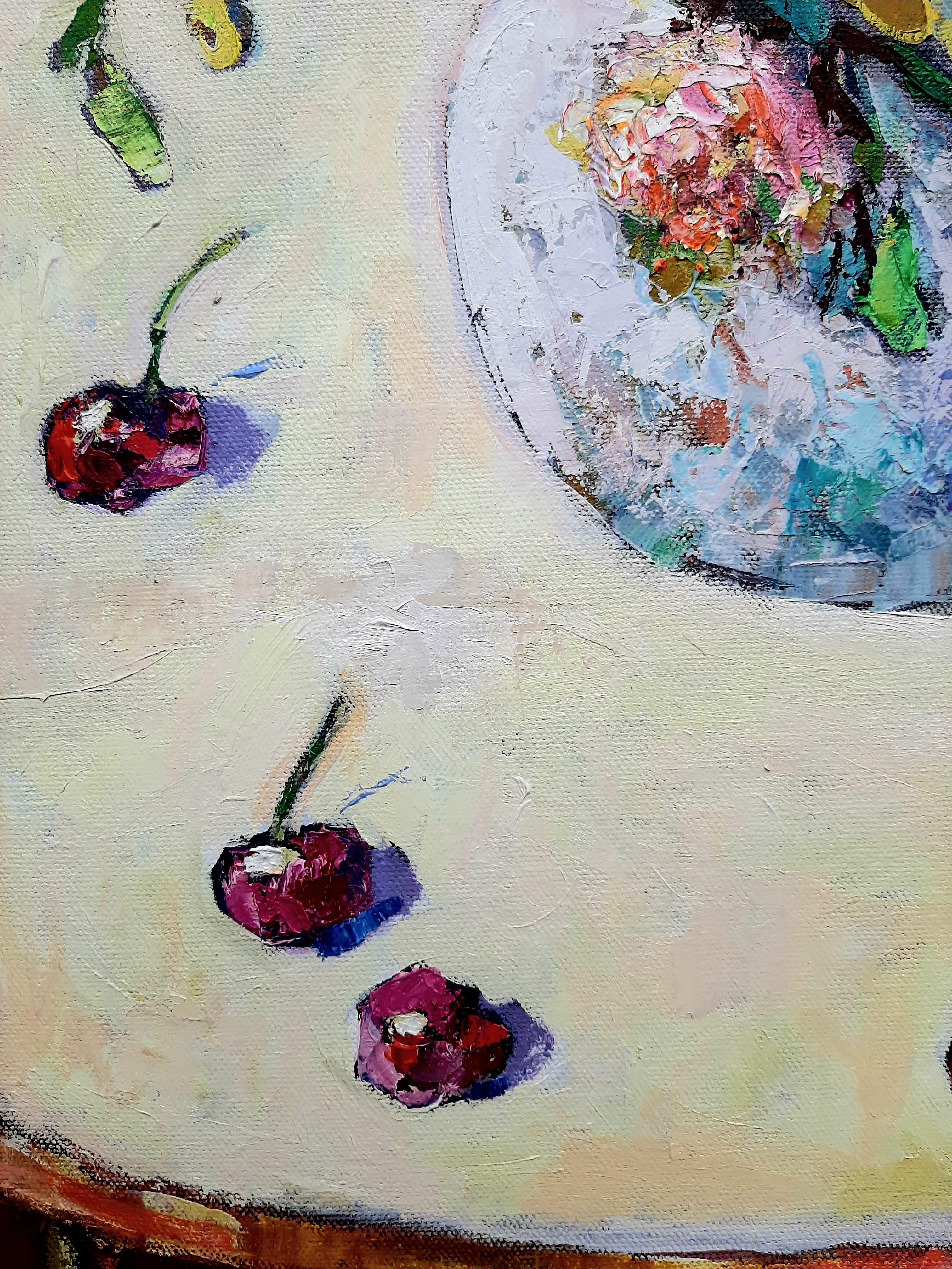 Cherries and Roses  -contemporary still-life colourful table oil painting - Contemporary Painting by Ania Pieniazek
