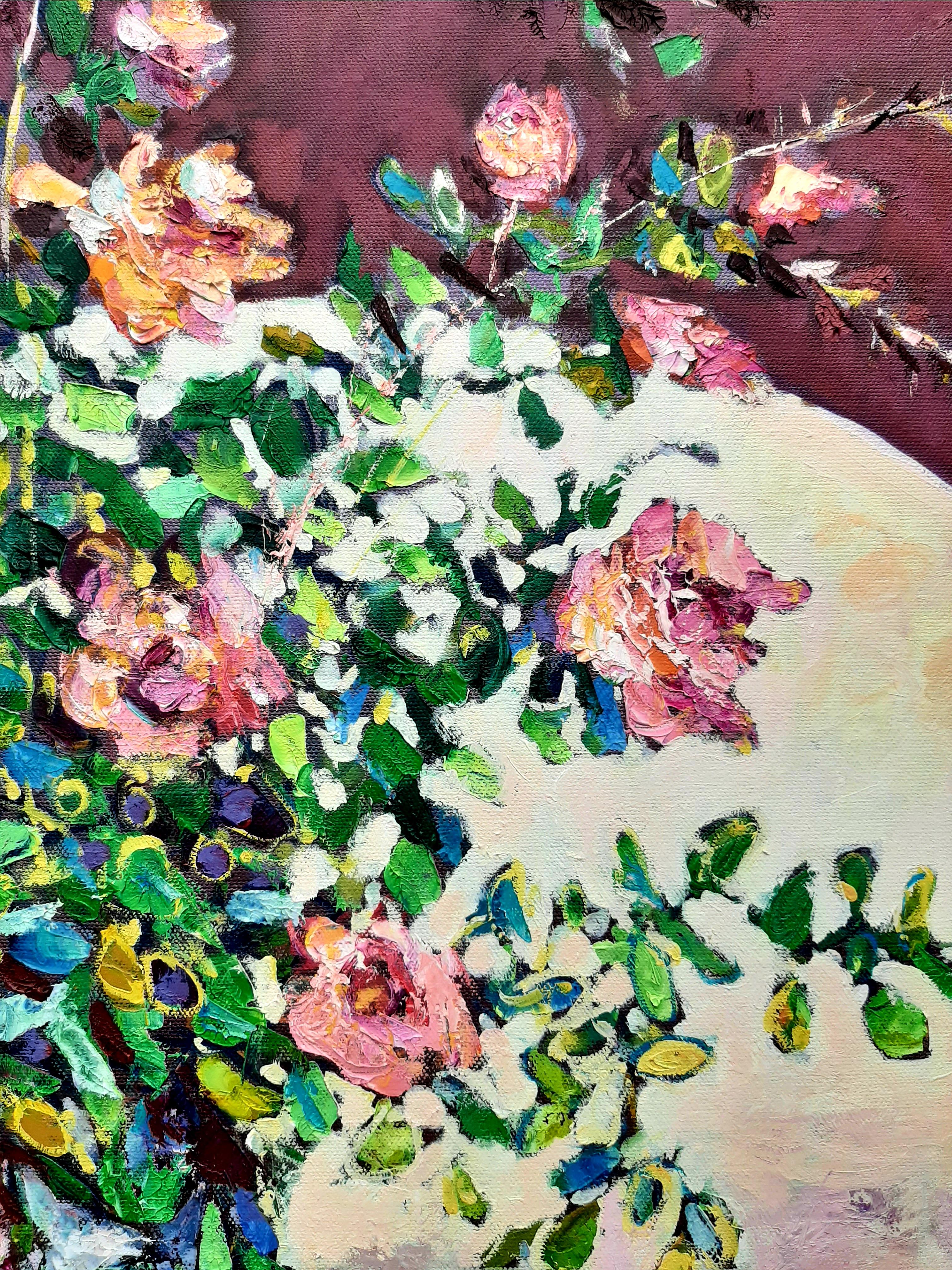 Cherries and Roses  -contemporary still-life colourful table oil painting 1