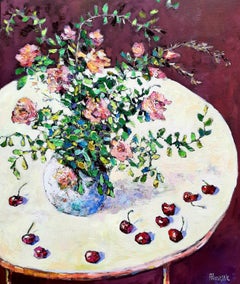 Cherries and Roses  -contemporary still-life colourful table oil painting