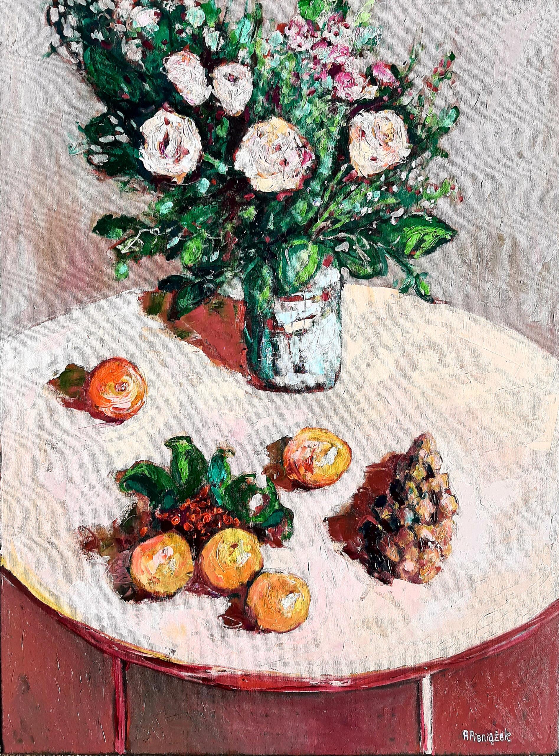 Weihnachtsmorgen -Zeitgenössisches Stillleben mit buntem Tisch Ölgemälde – Painting von Ania Pieniazek