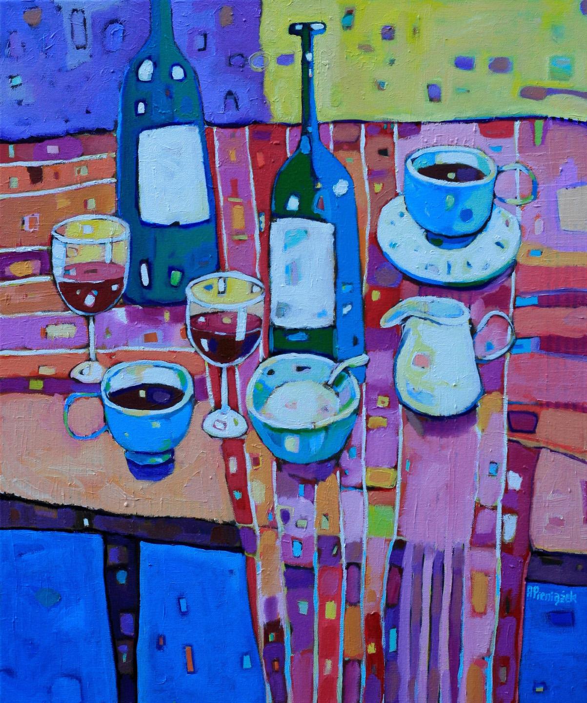Ania Pieniazek Still-Life Painting - Coffee and wine - contemporary still life colorful table drinkware 