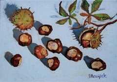 Conkers - contemporary decorative autumn still-life colorful framed oil painting