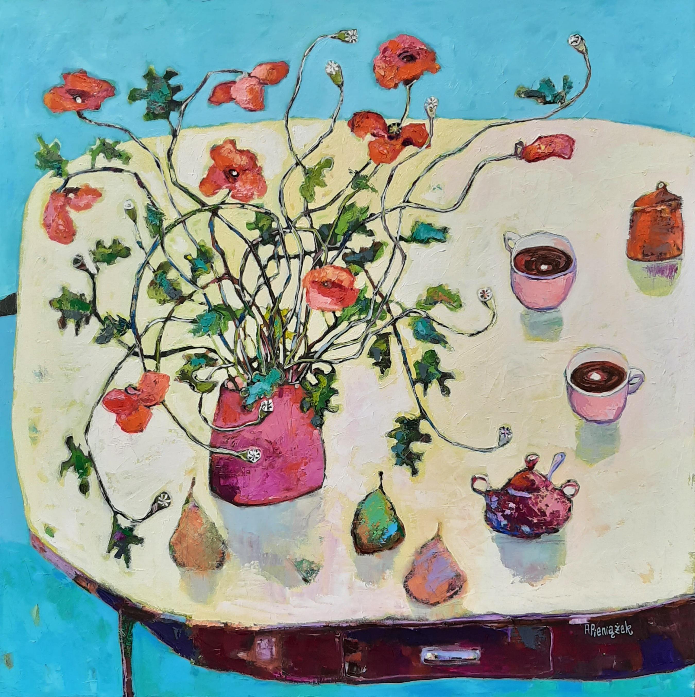 Conversations with Poppies -contemporary still-life colourful table oil painting - Painting by Ania Pieniazek