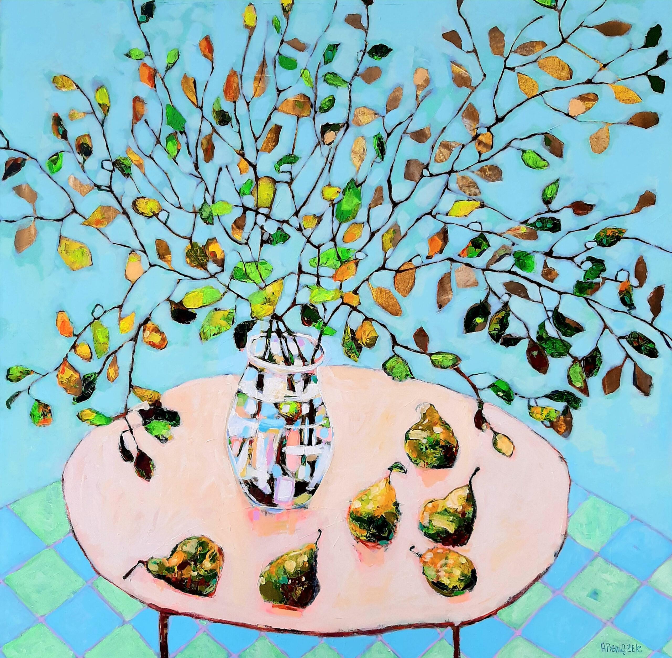 Zart und saftig - Zeitgenössisches Stillleben mit buntem Tisch Ölgemälde – Painting von Ania Pieniazek