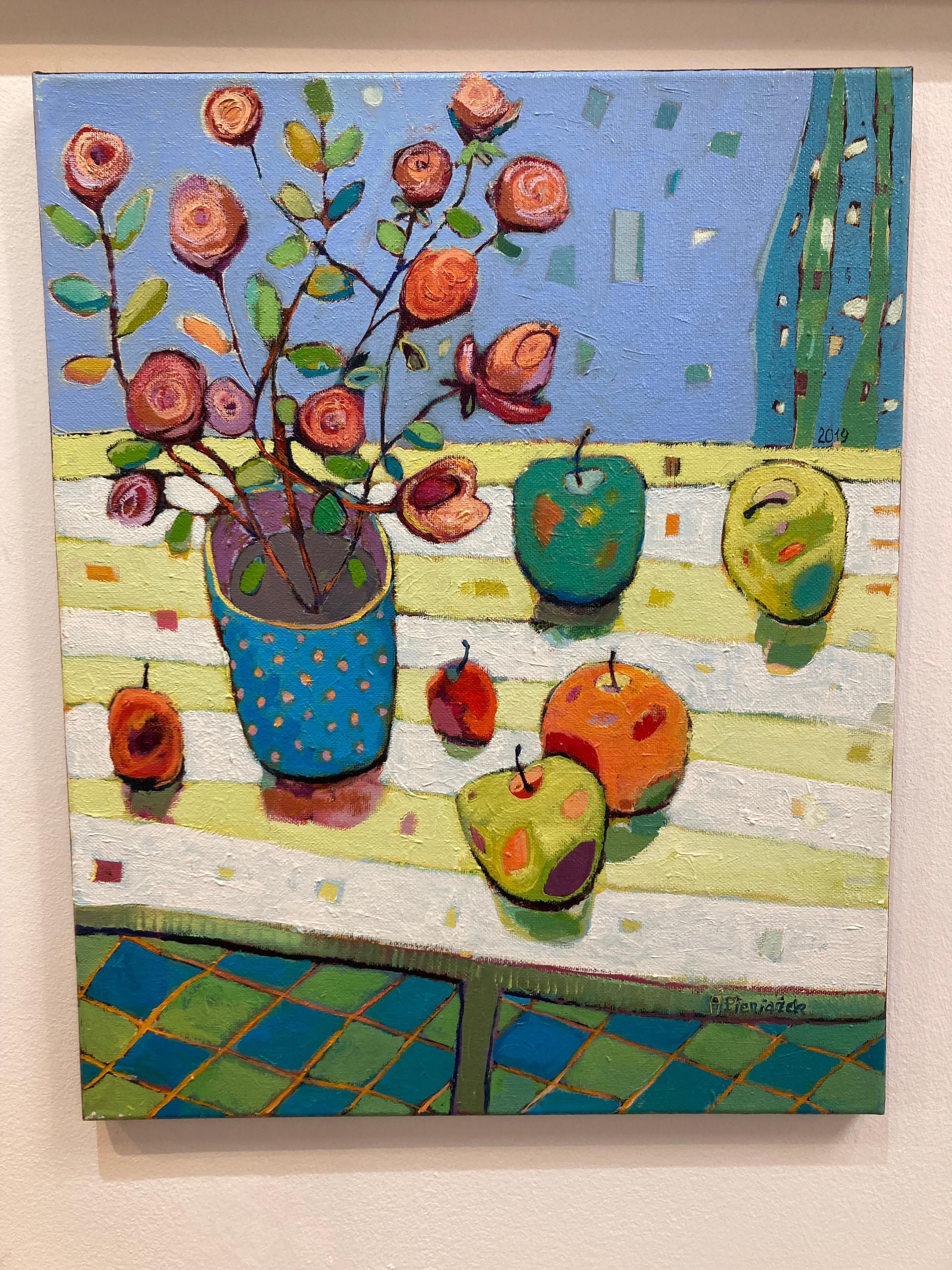 Flower Pot & Apples - Colourful, Patterned Still Life: Acrylic on Canvas  - Painting by Ania Pieniazek