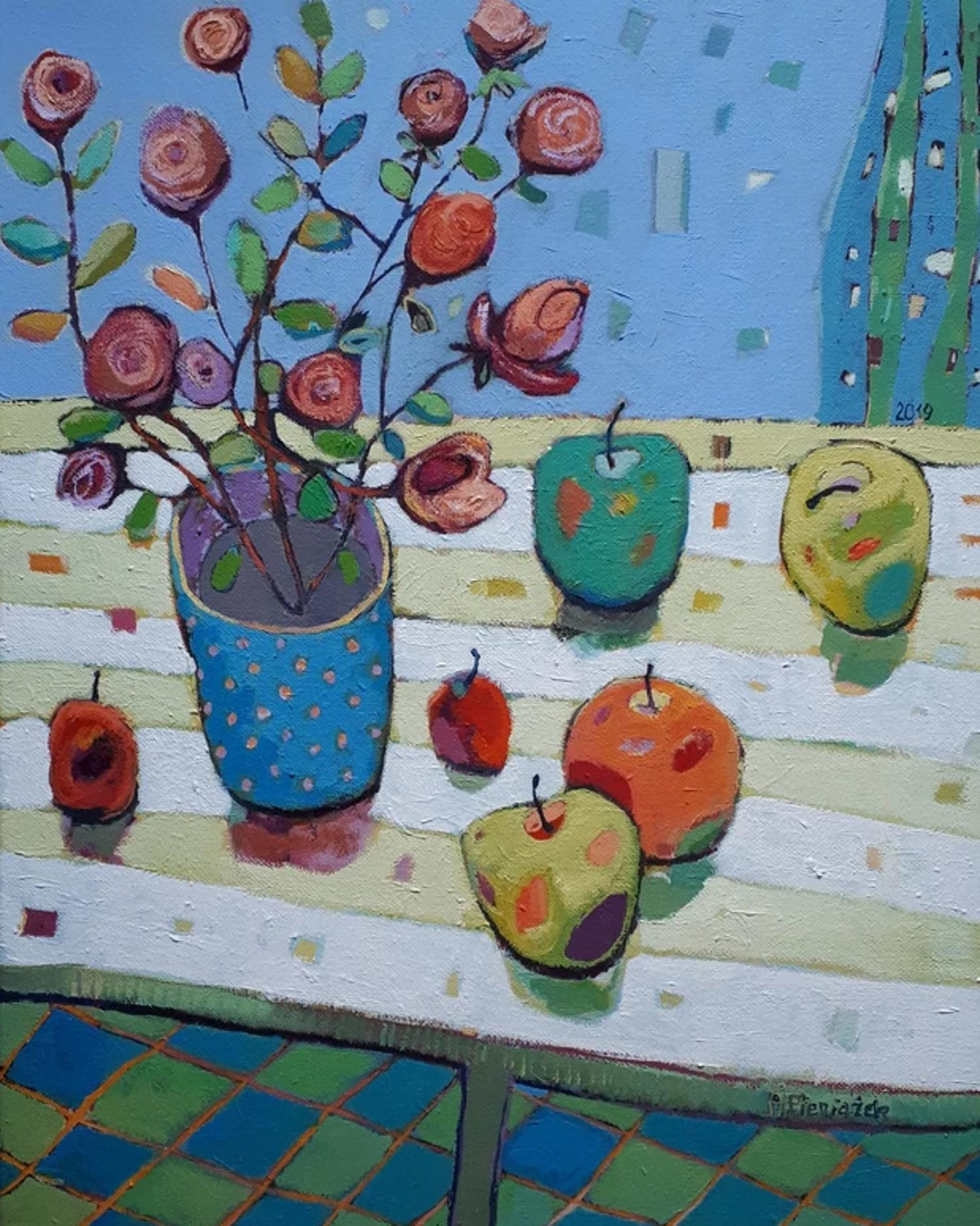 Ania Pieniazek Interior Painting - Flower Pot & Apples - Colourful, Patterned Still Life: Acrylic on Canvas 