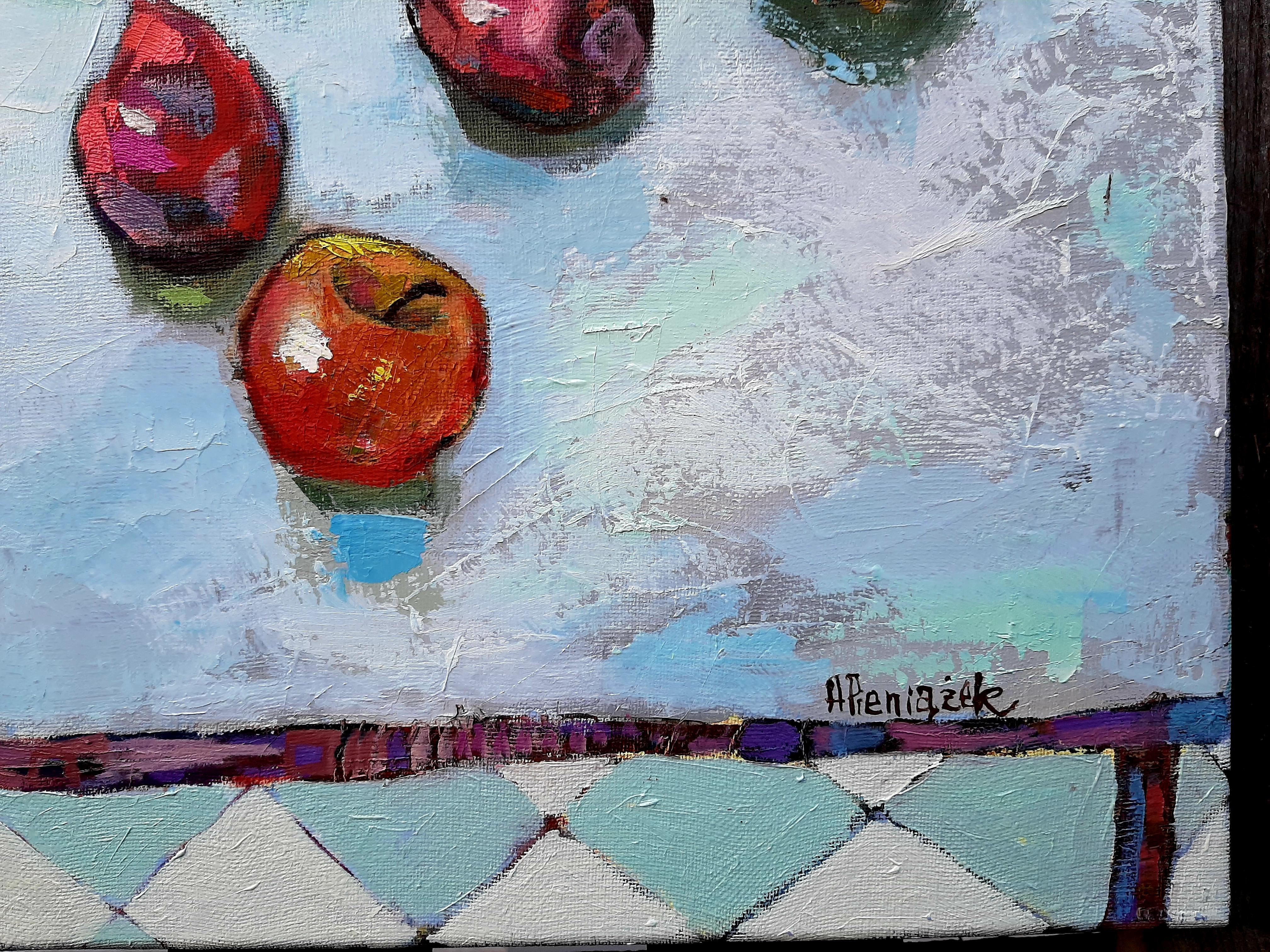 Fleurs, fruits et légumes -nature morte contemporaine peinture à l'huile sur table colorée en vente 1