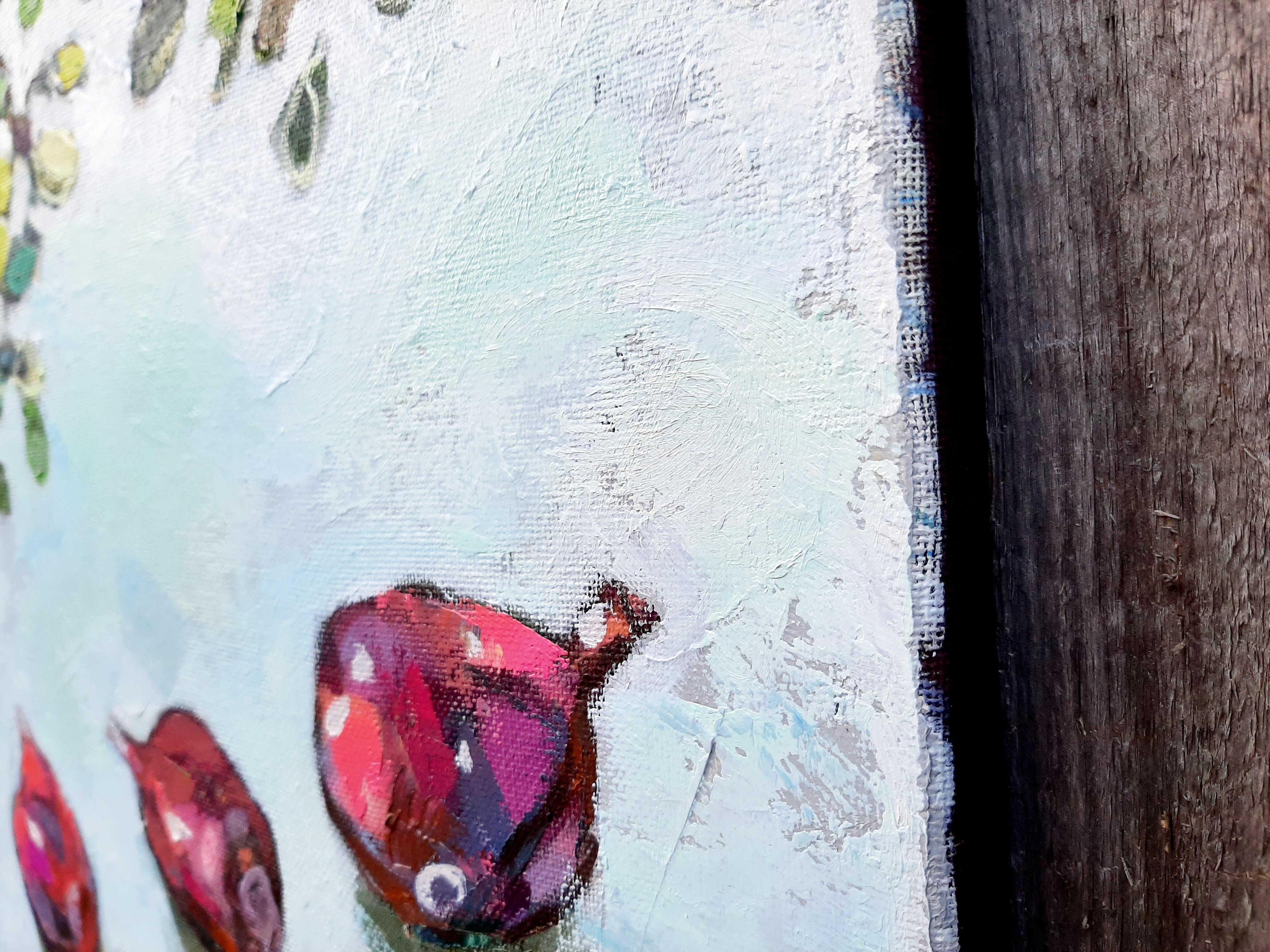 Fleurs, fruits et légumes -nature morte contemporaine peinture à l'huile sur table colorée en vente 4