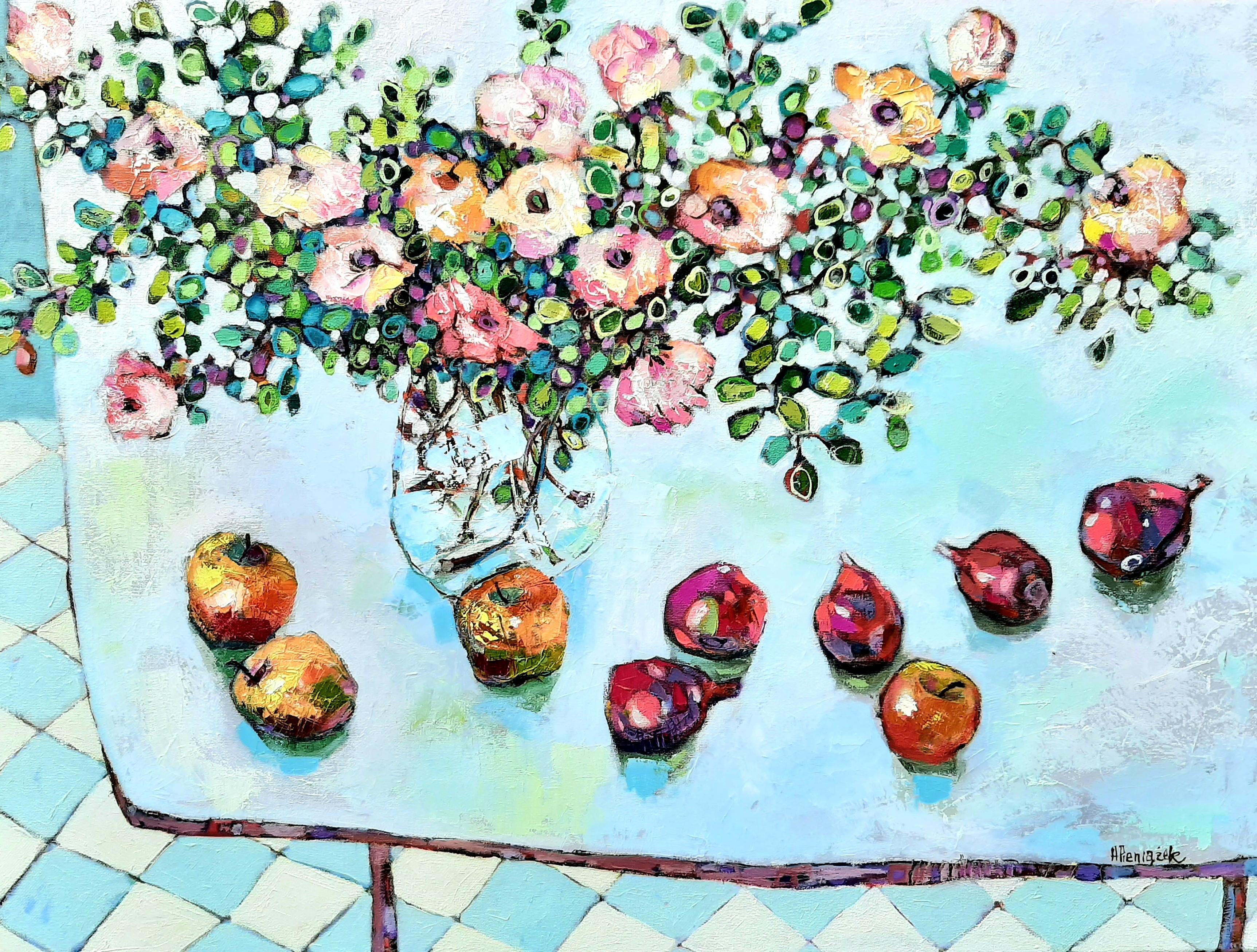 Fleurs, fruits et légumes -nature morte contemporaine peinture à l'huile sur table colorée en vente 5