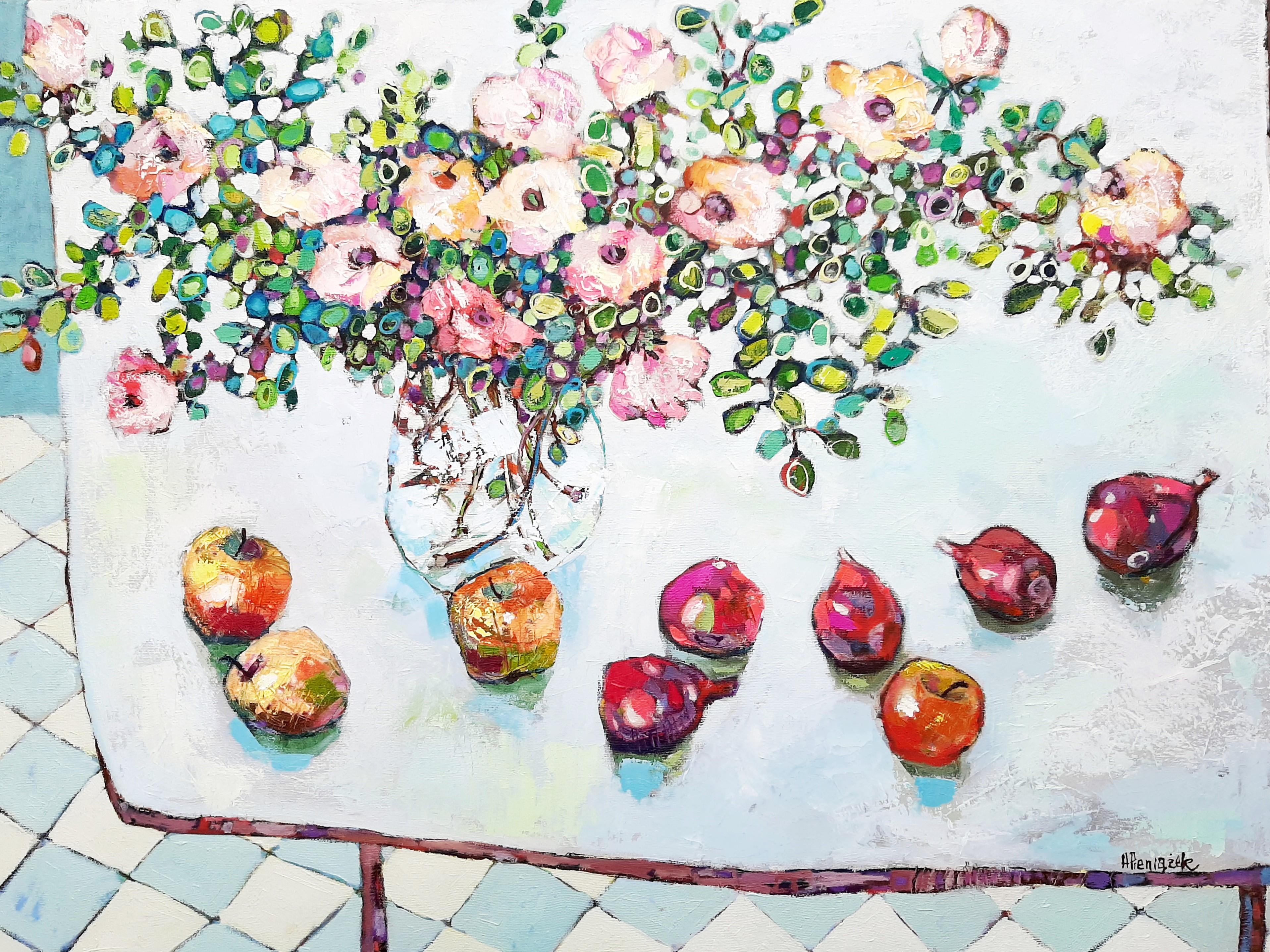 Fleurs, fruits et légumes -nature morte contemporaine peinture à l'huile sur table colorée - Painting de Ania Pieniazek