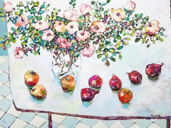 Fleurs, fruits et légumes -nature morte contemporaine peinture à l'huile sur table colorée
