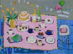 Happy Birthday - contemporary still-life colorful party cake table oil painting