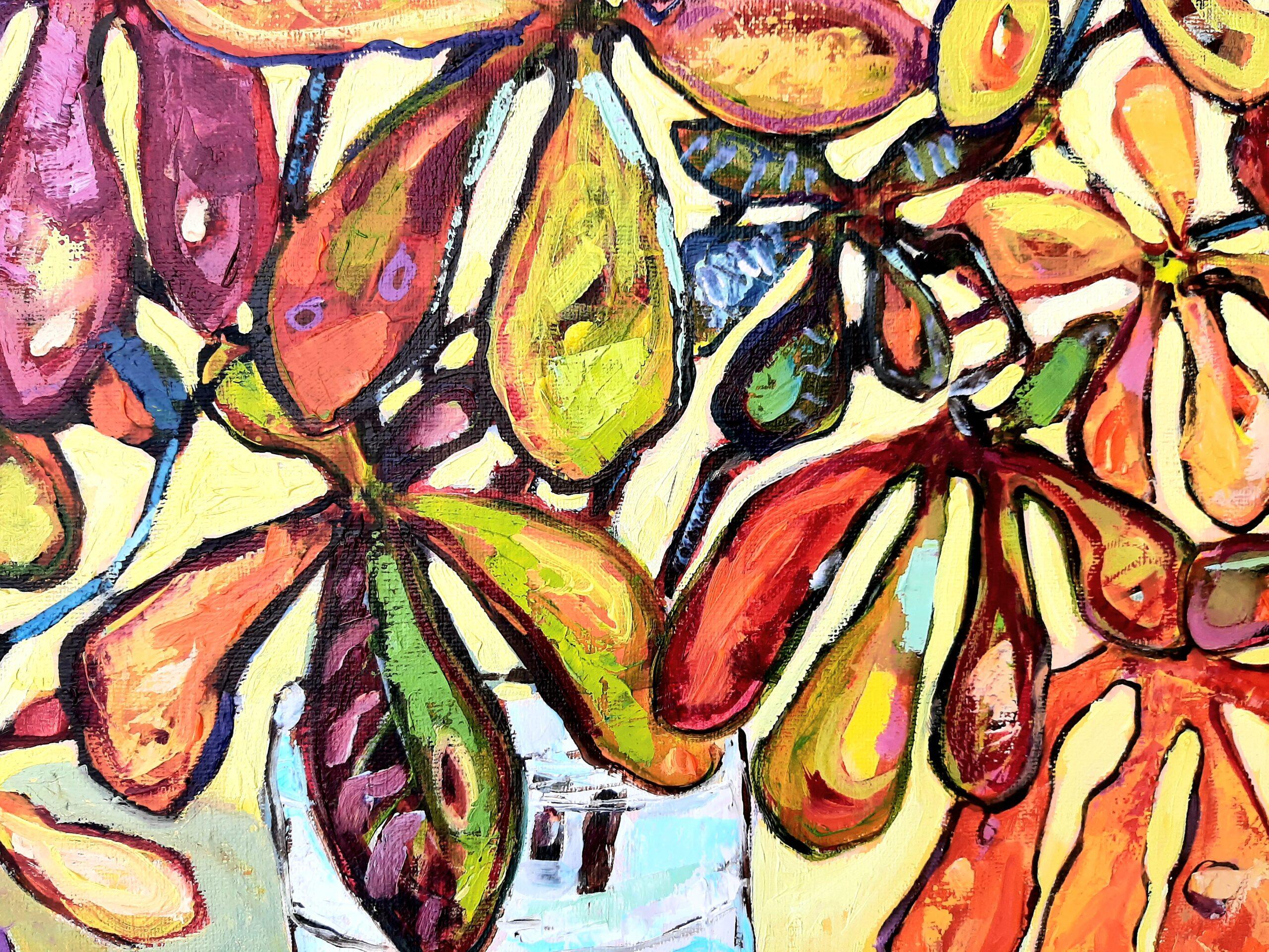 Horse Chestnut Leaves -contemporary still-life colourful table oil painting - Contemporary Painting by Ania Pieniazek