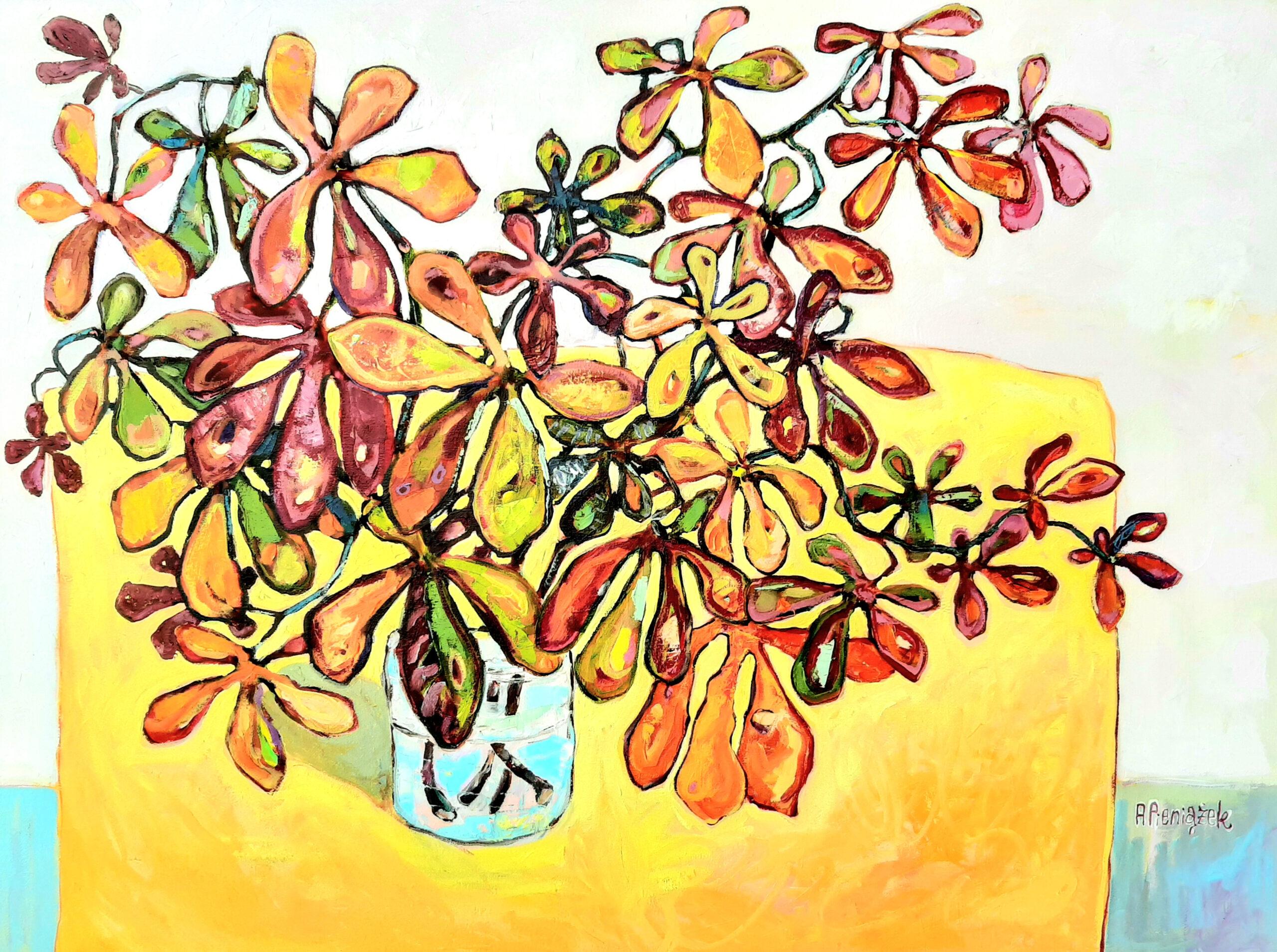 Rosskastanienblätter -Zeitgenössisches Stillleben mit buntem Tisch Ölgemälde – Painting von Ania Pieniazek