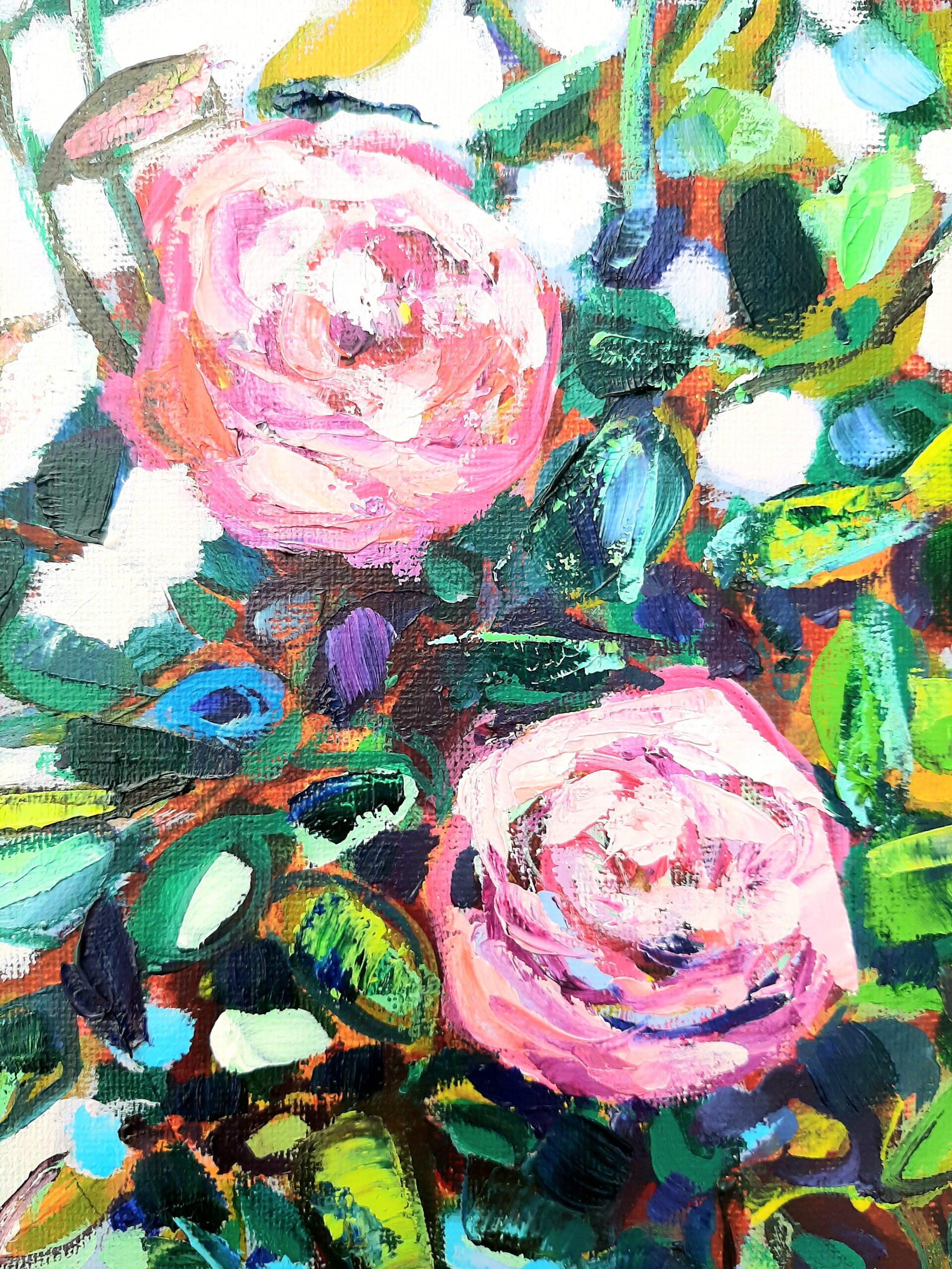 Lavendel und Rosen - Zeitgenössisches Stillleben mit buntem Tisch Ölgemälde – Painting von Ania Pieniazek