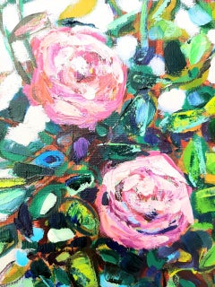 Lavender and Roses -contemporary still-life colourful table oil painting