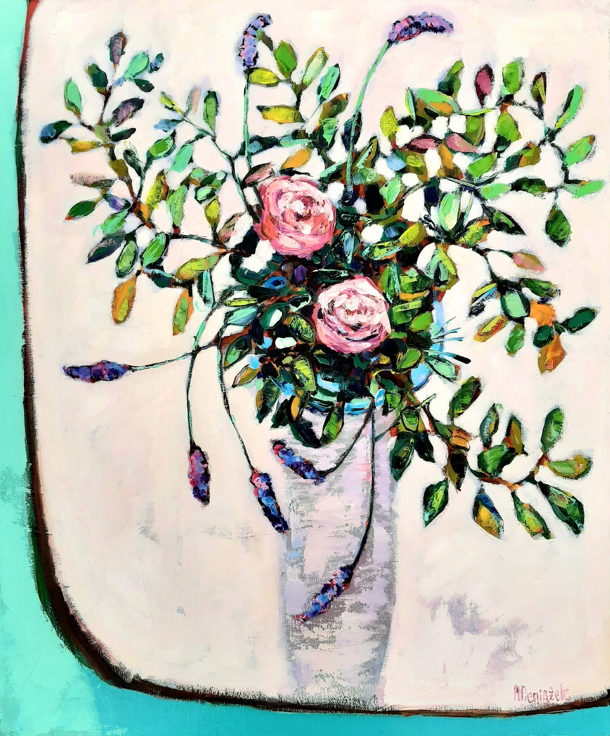 Ania Pieniazek Still-Life Painting – Lavendel und Rosen - Zeitgenössisches Stillleben mit buntem Tisch Ölgemälde