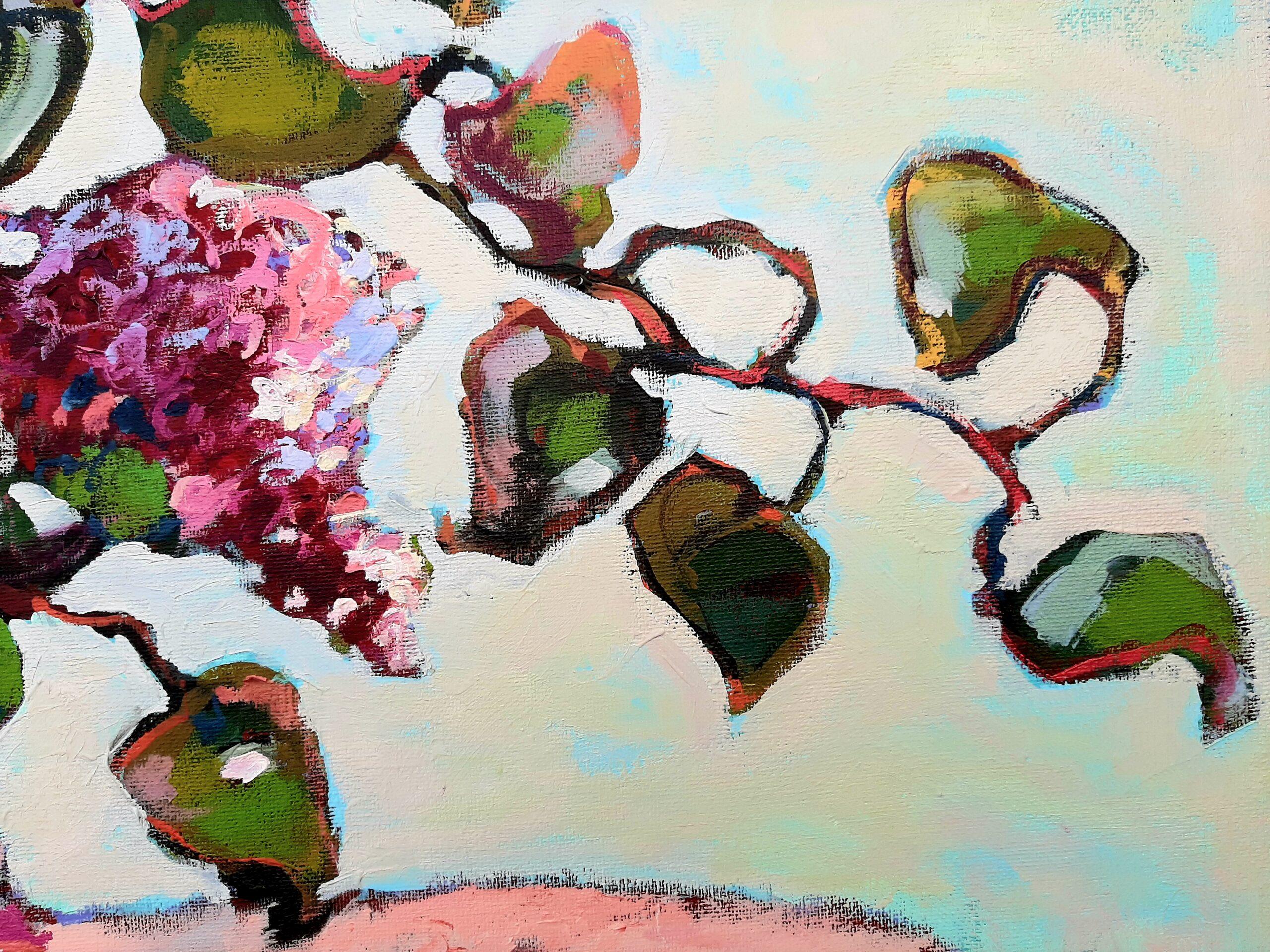 Lilas et poires - peinture à l'huile contemporaine de nature morte et de table colorée - Painting de Ania Pieniazek