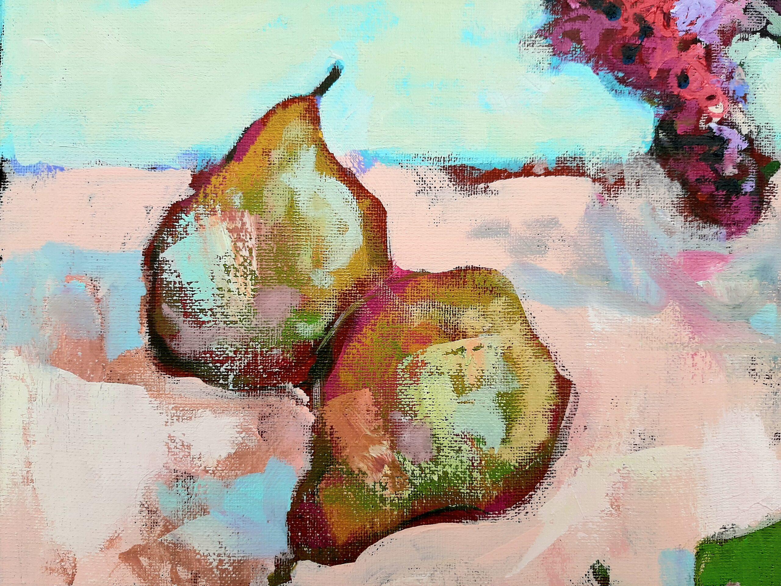 Lilas et poires - peinture à l'huile contemporaine de nature morte et de table colorée - Contemporain Painting par Ania Pieniazek