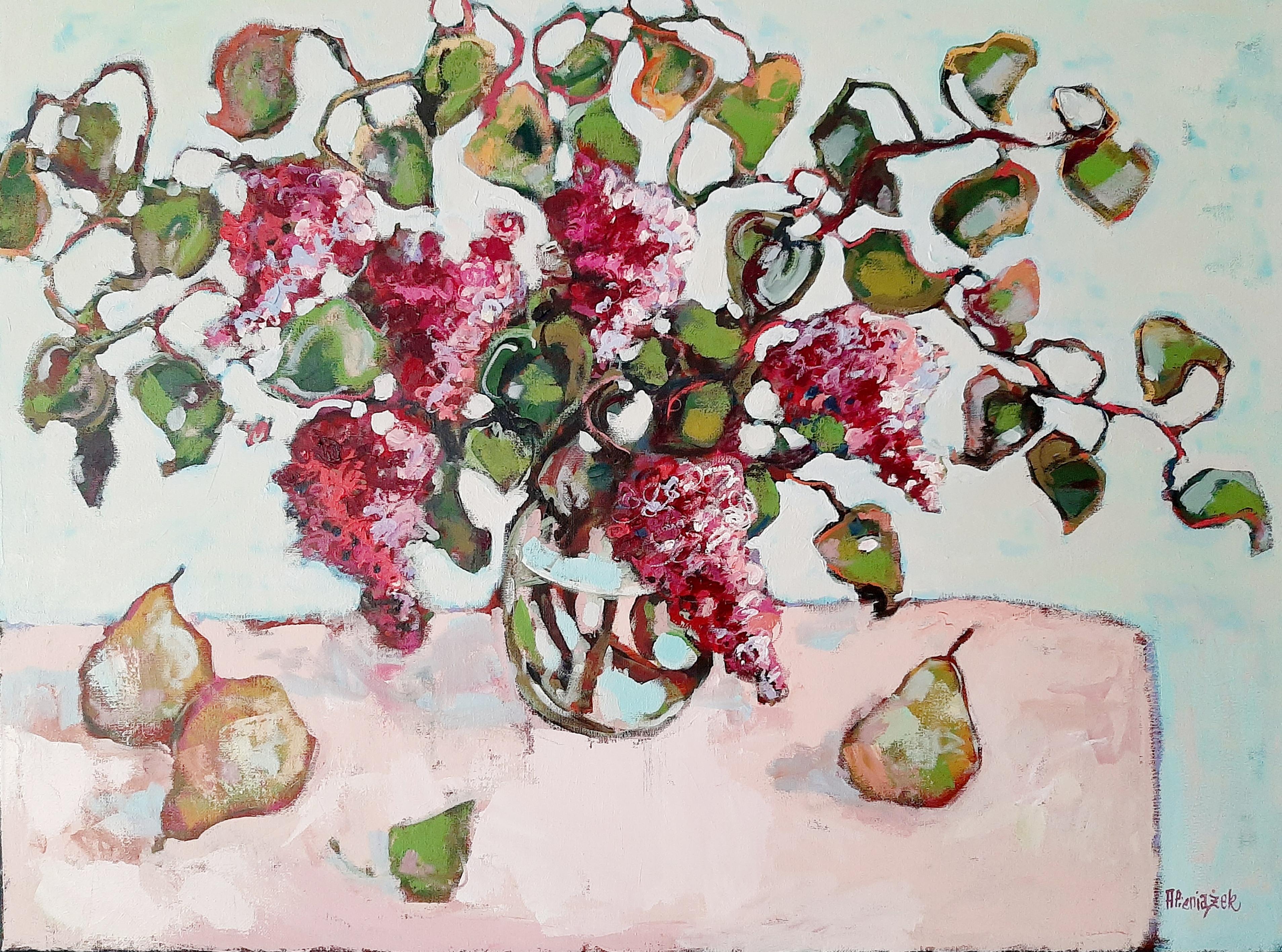 Still-Life Painting Ania Pieniazek - Lilas et poires - peinture à l'huile contemporaine de nature morte et de table colorée