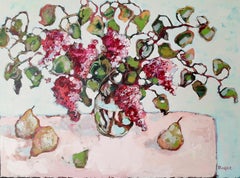 Lilas et poires - peinture à l'huile contemporaine de nature morte et de table colorée
