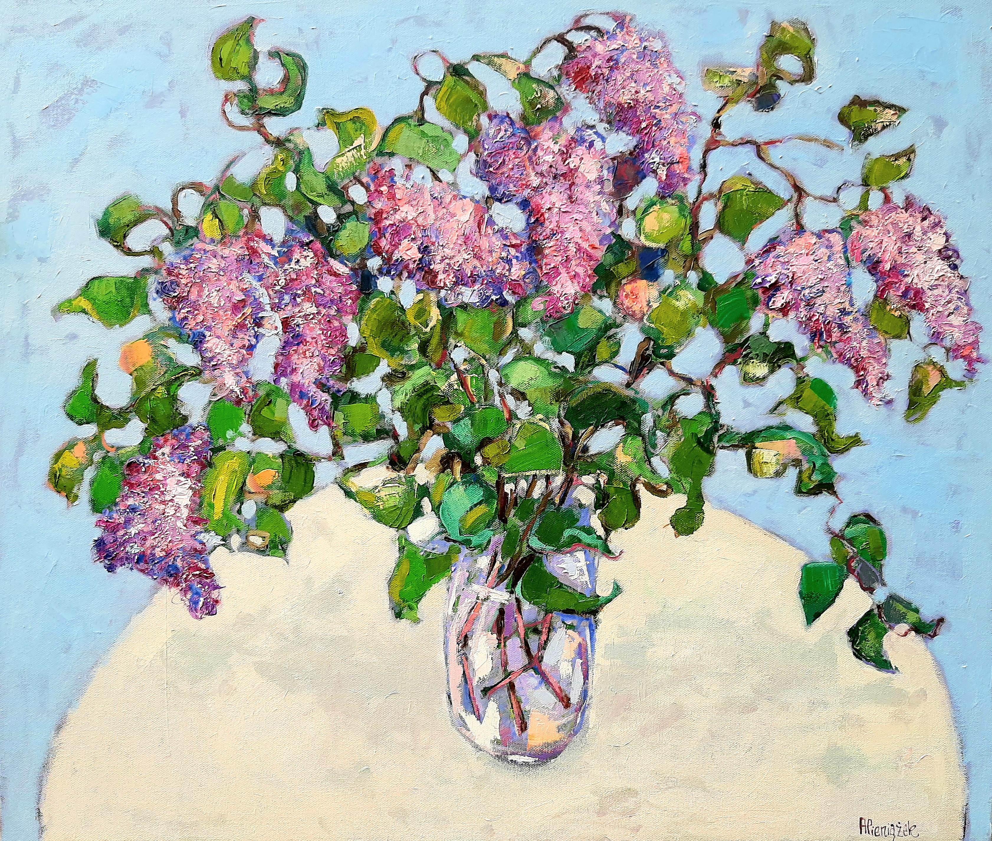 Still-Life Painting de Ania Pieniazek - Ramo de lilas - pintura al óleo contemporánea de bodegón de mesa de colores