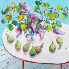 Lilac, Pears and Two Beatles -contemporary still-life colourful oil painting