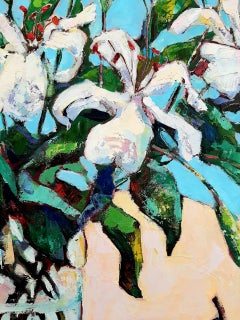 Lilies -contemporary still-life colourful table oil painting
