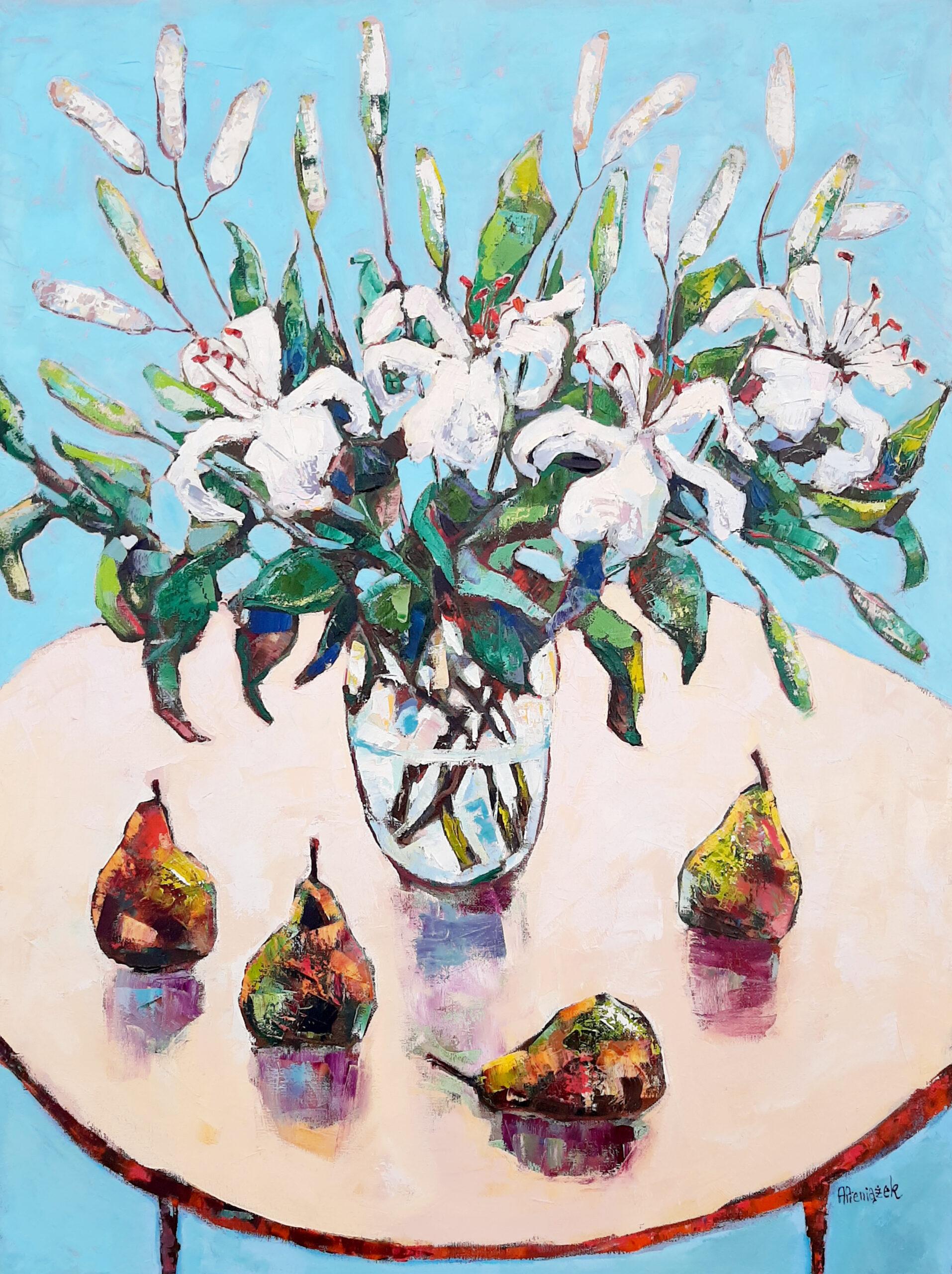 Lilien - Zeitgenössisches Stillleben mit buntem Tisch Ölgemälde – Painting von Ania Pieniazek