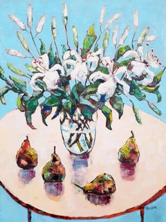 Lilies -contemporary still-life colourful table oil painting