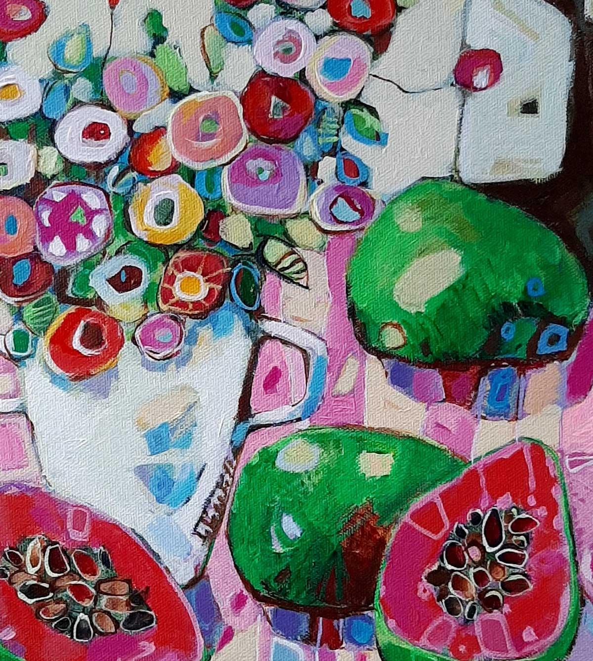 Papaya - Colourful, Patterned Still Life / Fruit & Flowers: Acrylic on Canvas - Painting by Ania Pieniazek