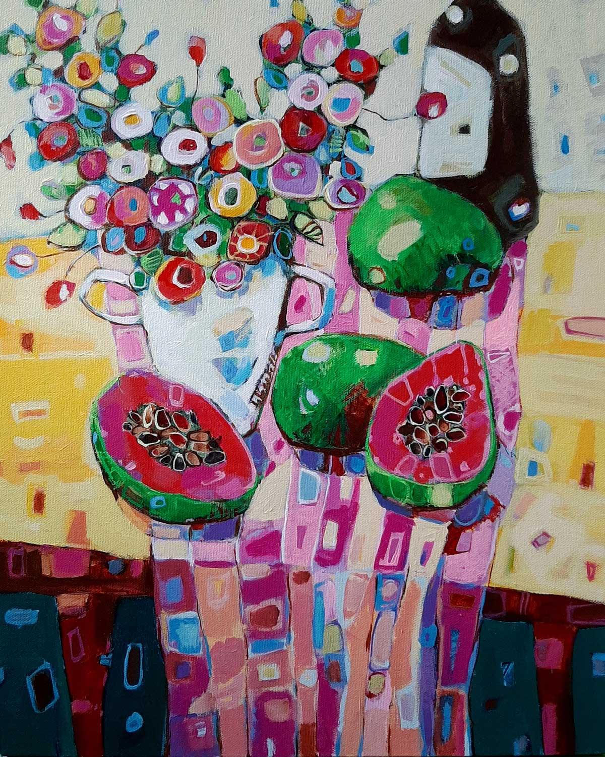 Ania Pieniazek Interior Painting - Papaya - Colourful, Patterned Still Life / Fruit & Flowers: Acrylic on Canvas
